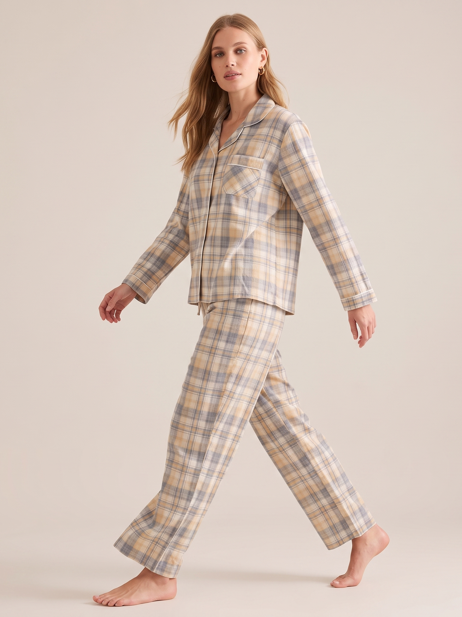 Washed Cotton Gauze Plaid Pajama Set #color_Yellow & Blue Plaid