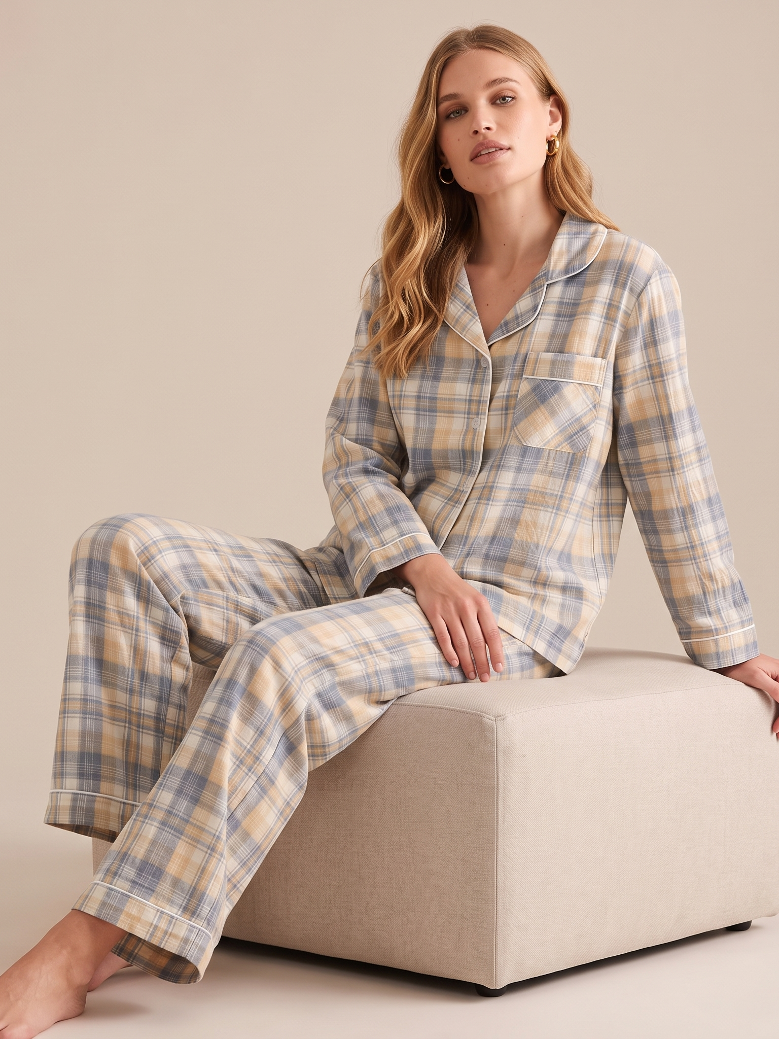 Washed Cotton Gauze Plaid Pajama Set #color_Yellow & Blue Plaid