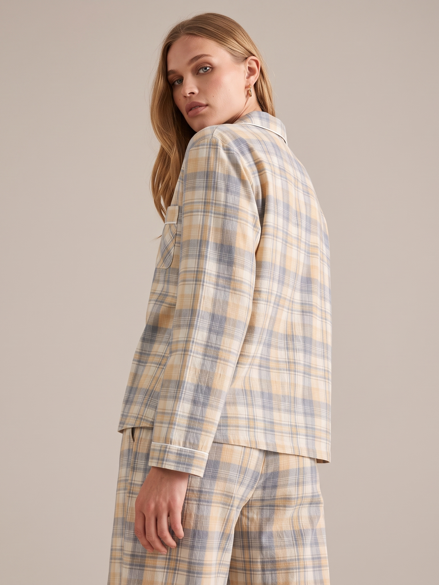 Washed Cotton Gauze Plaid Pajama Set #color_Yellow & Blue Plaid