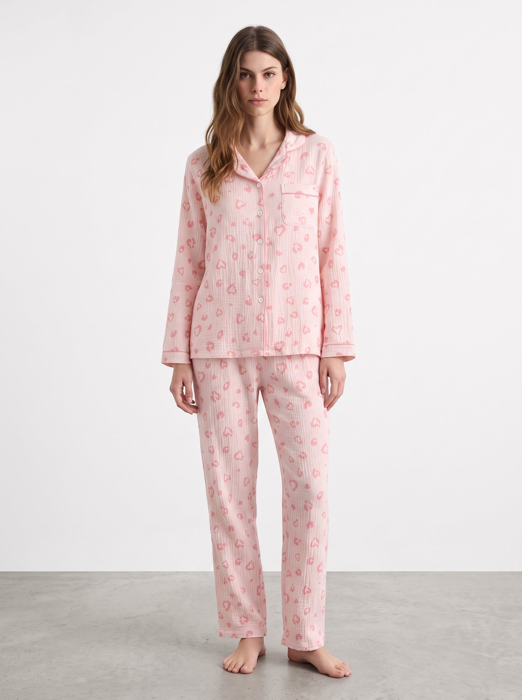 Crinkle Cotton Printed Pajama Set #color_Pink Leopard