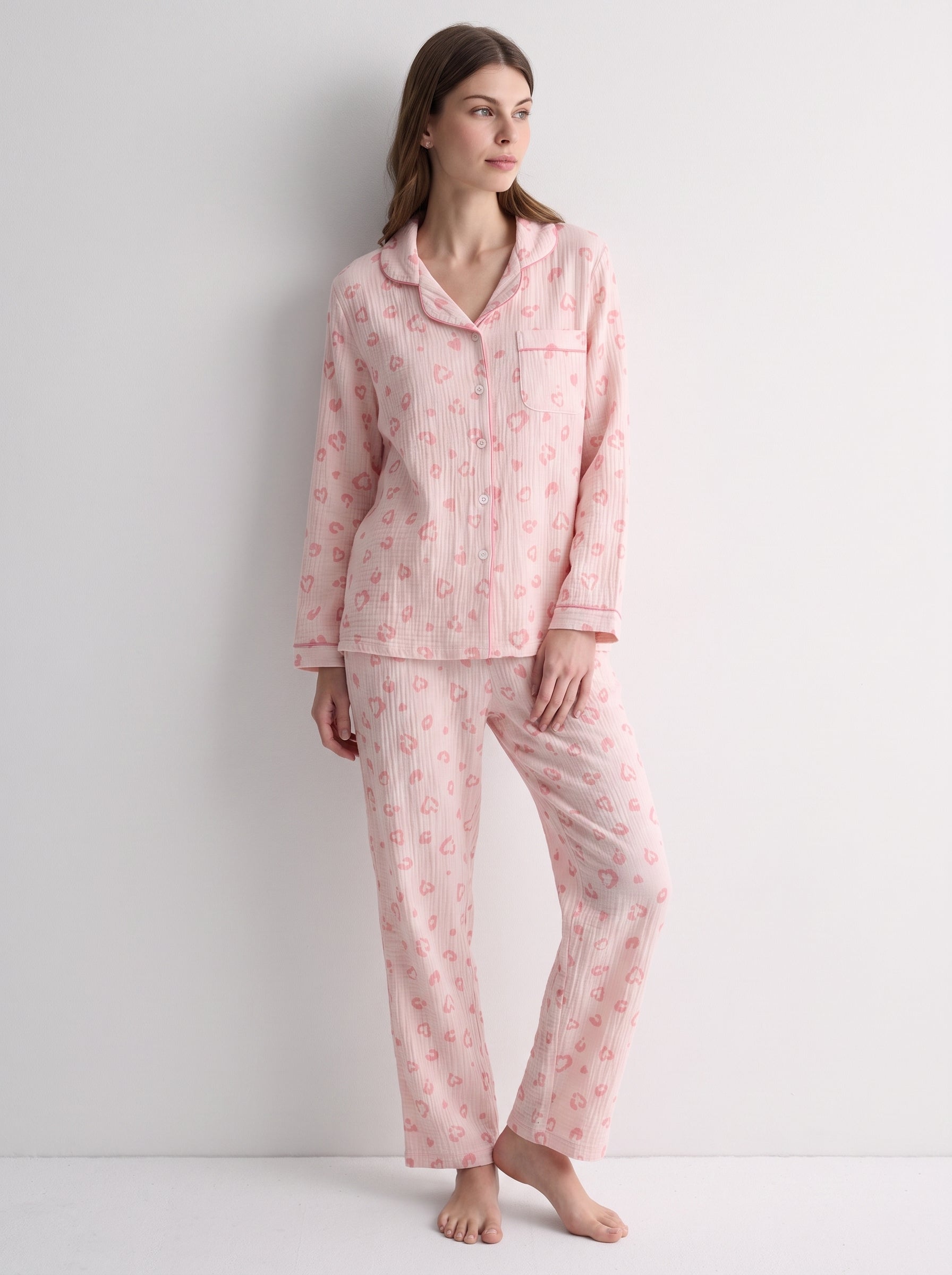 Crinkle Cotton Printed Pajama Set #color_Pink Leopard