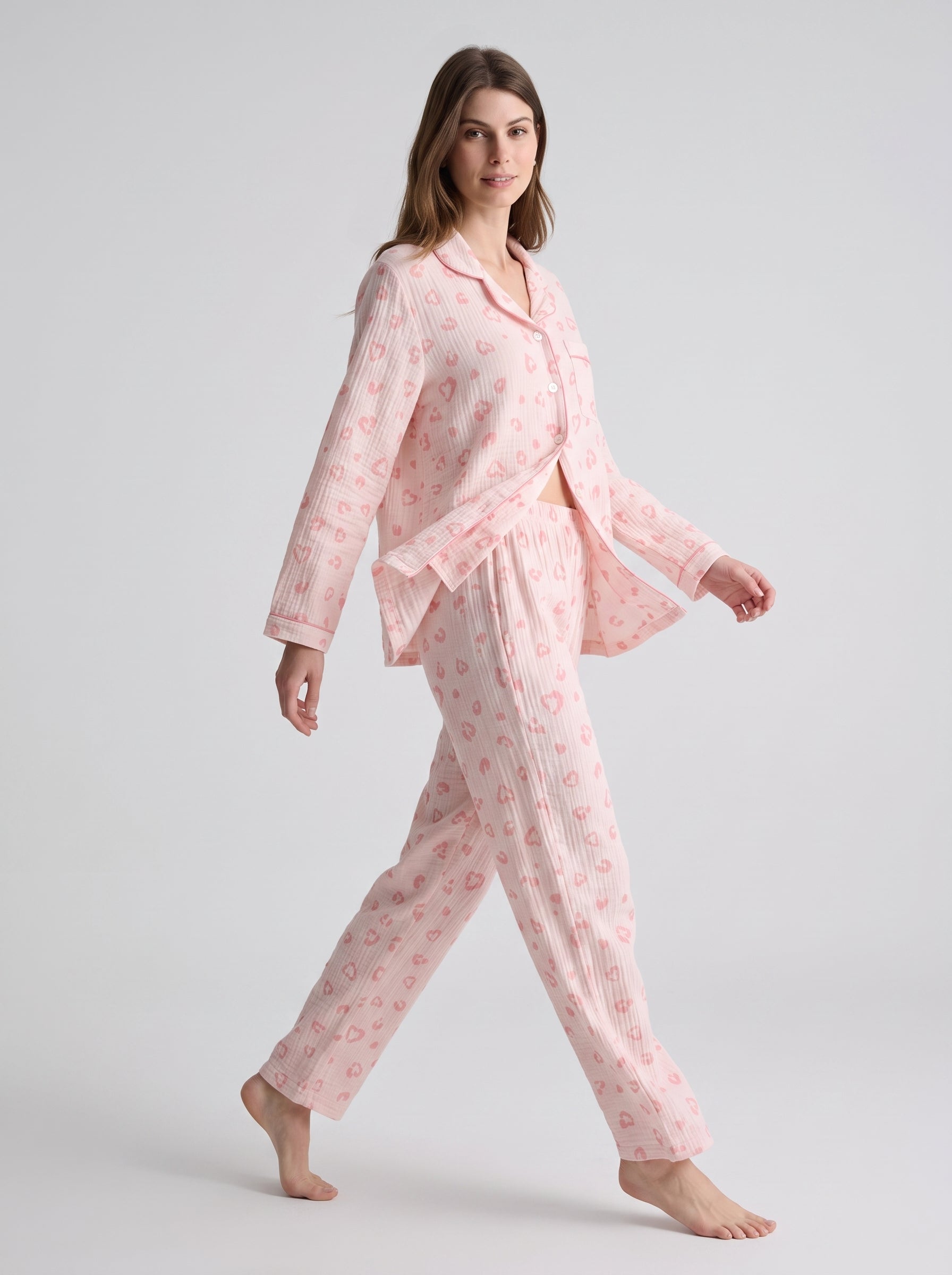 Crinkle Cotton Printed Pajama Set #color_Pink Leopard