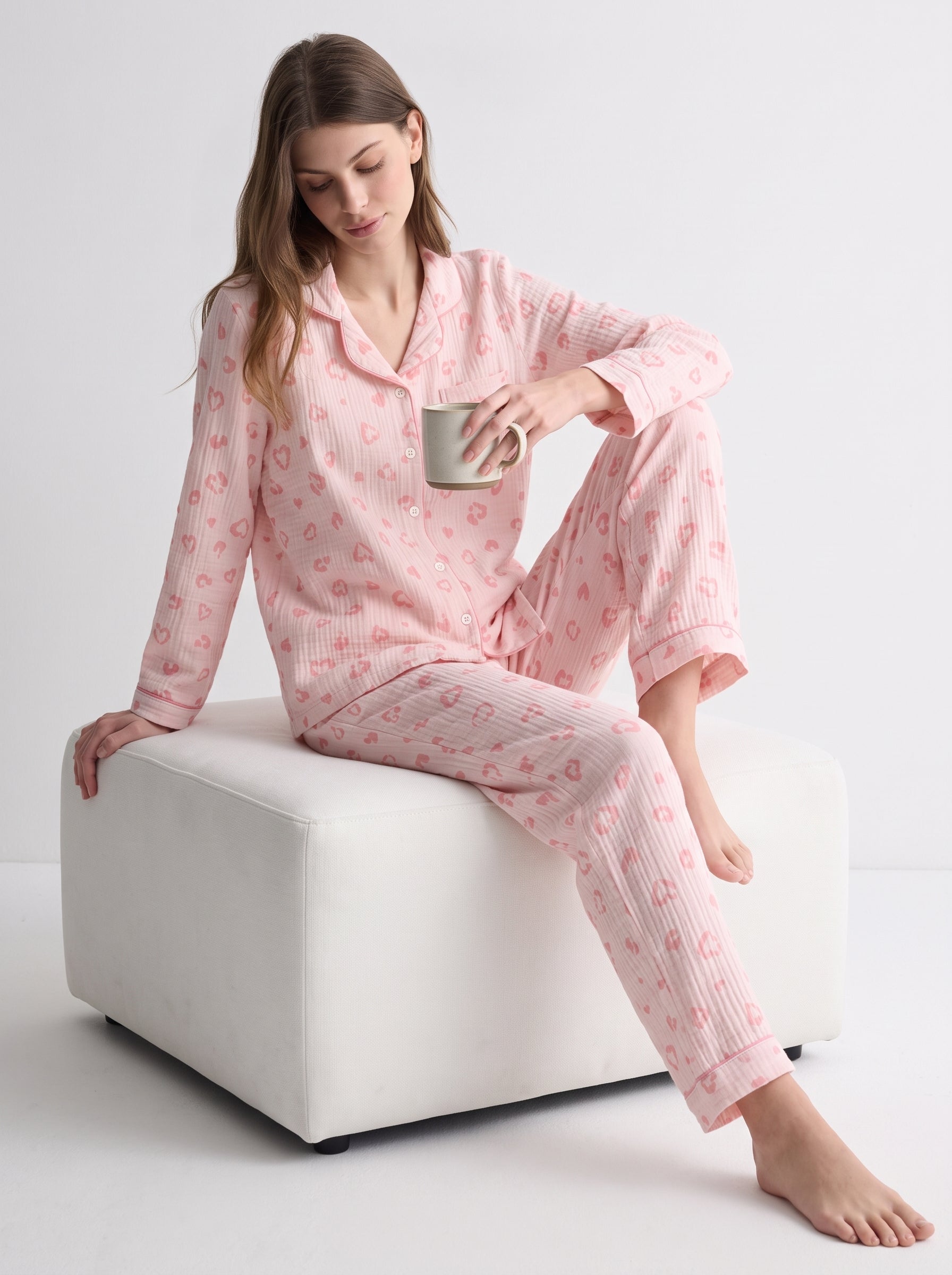 Crinkle Cotton Printed Pajama Set #color_Pink Leopard