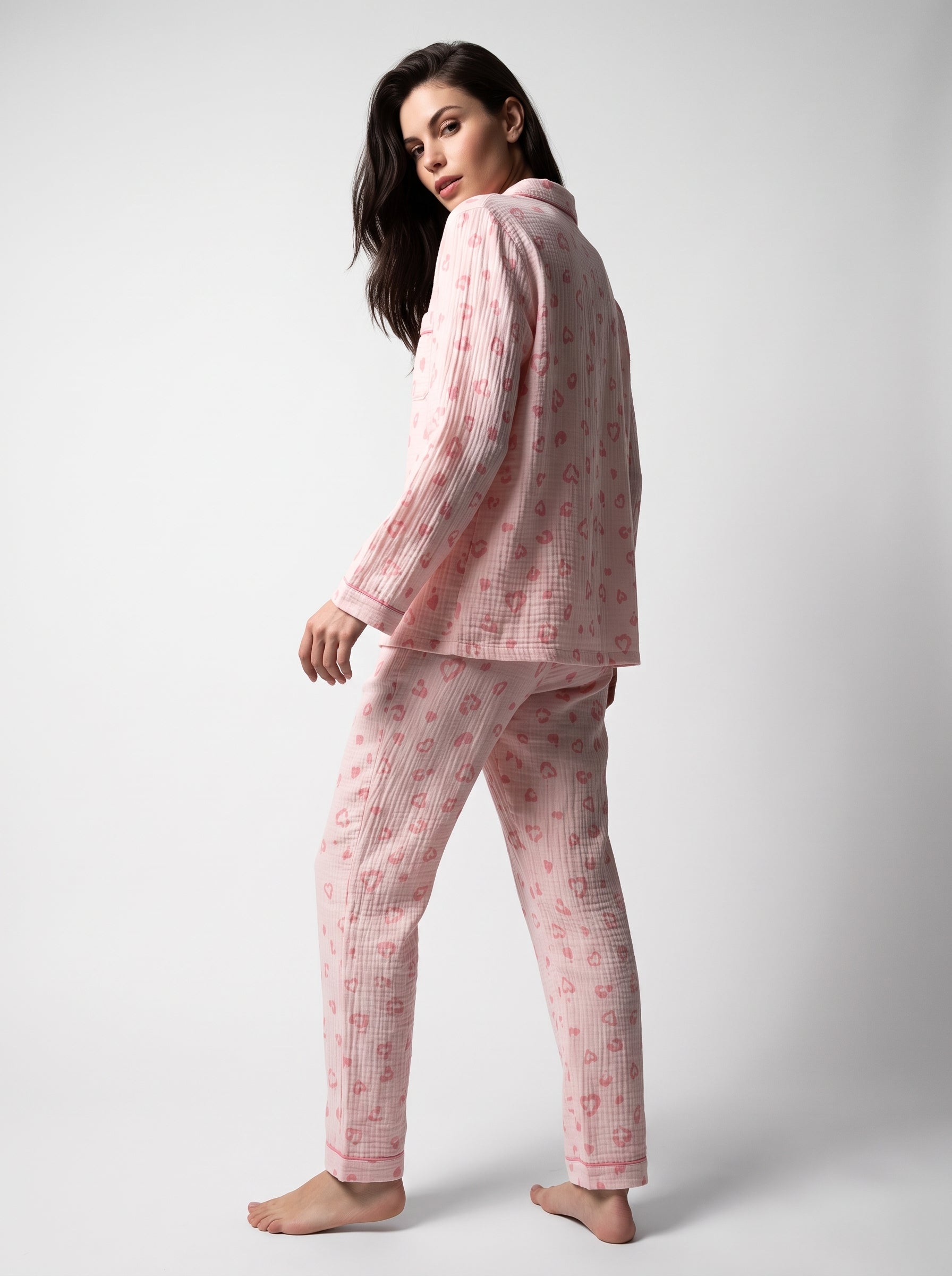 Crinkle Cotton Printed Pajama Set #color_Pink Leopard