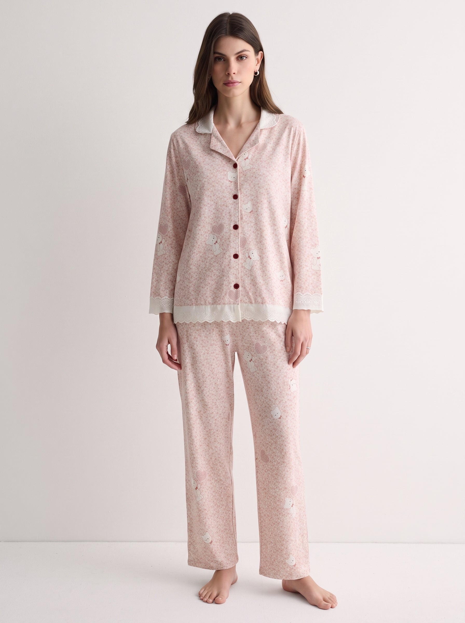 Lace Trim Cotton Floral Pajama Set #color_Pink Garden