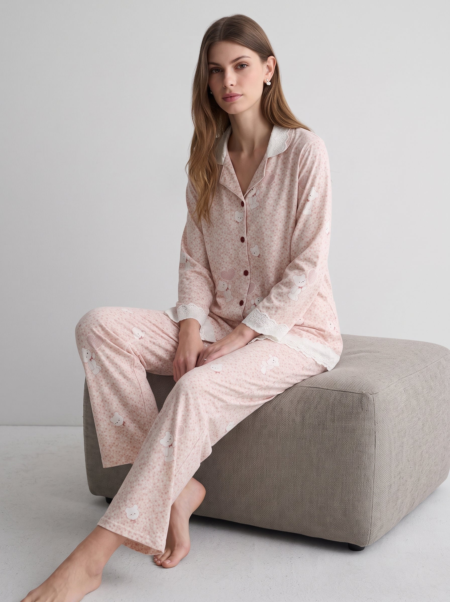 Lace Trim Cotton Floral Pajama Set #color_Pink Garden