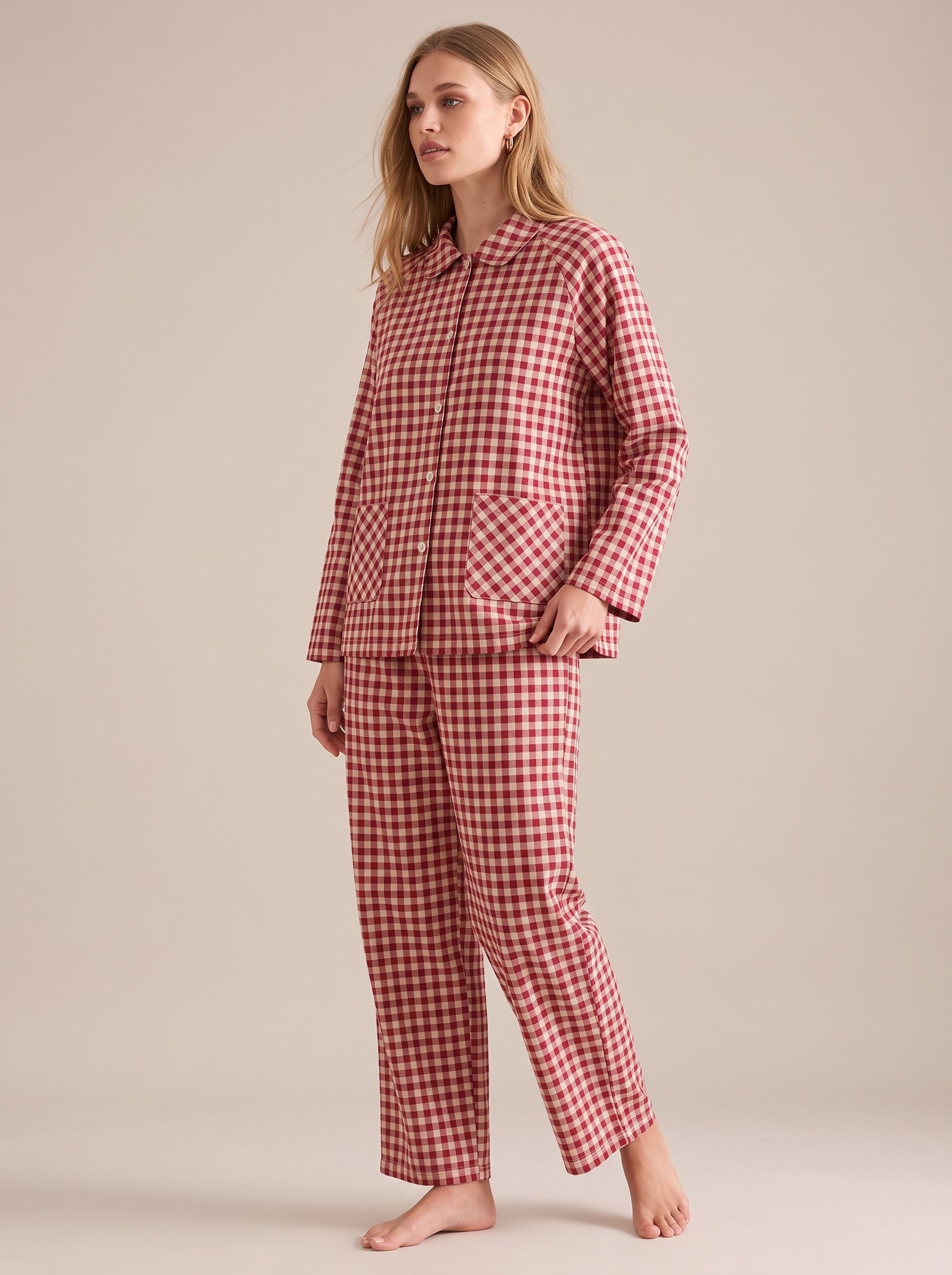 Peter Pan Collar Cotton Gingham Pajama Set #color_Red Gingham