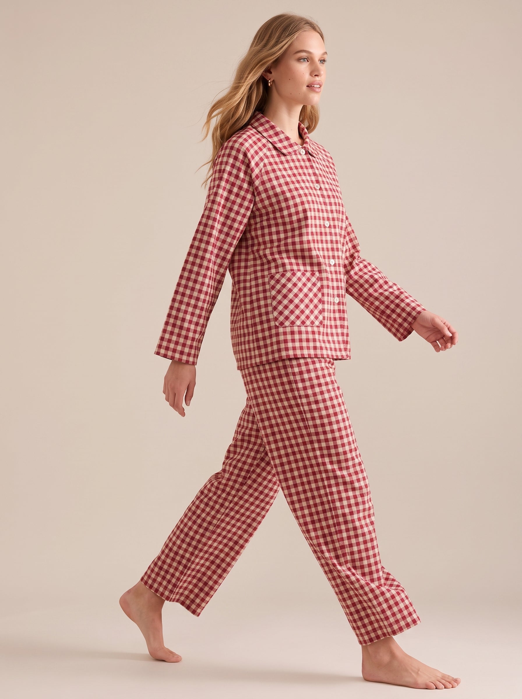 Peter Pan Collar Cotton Gingham Pajama Set #color_Red Gingham