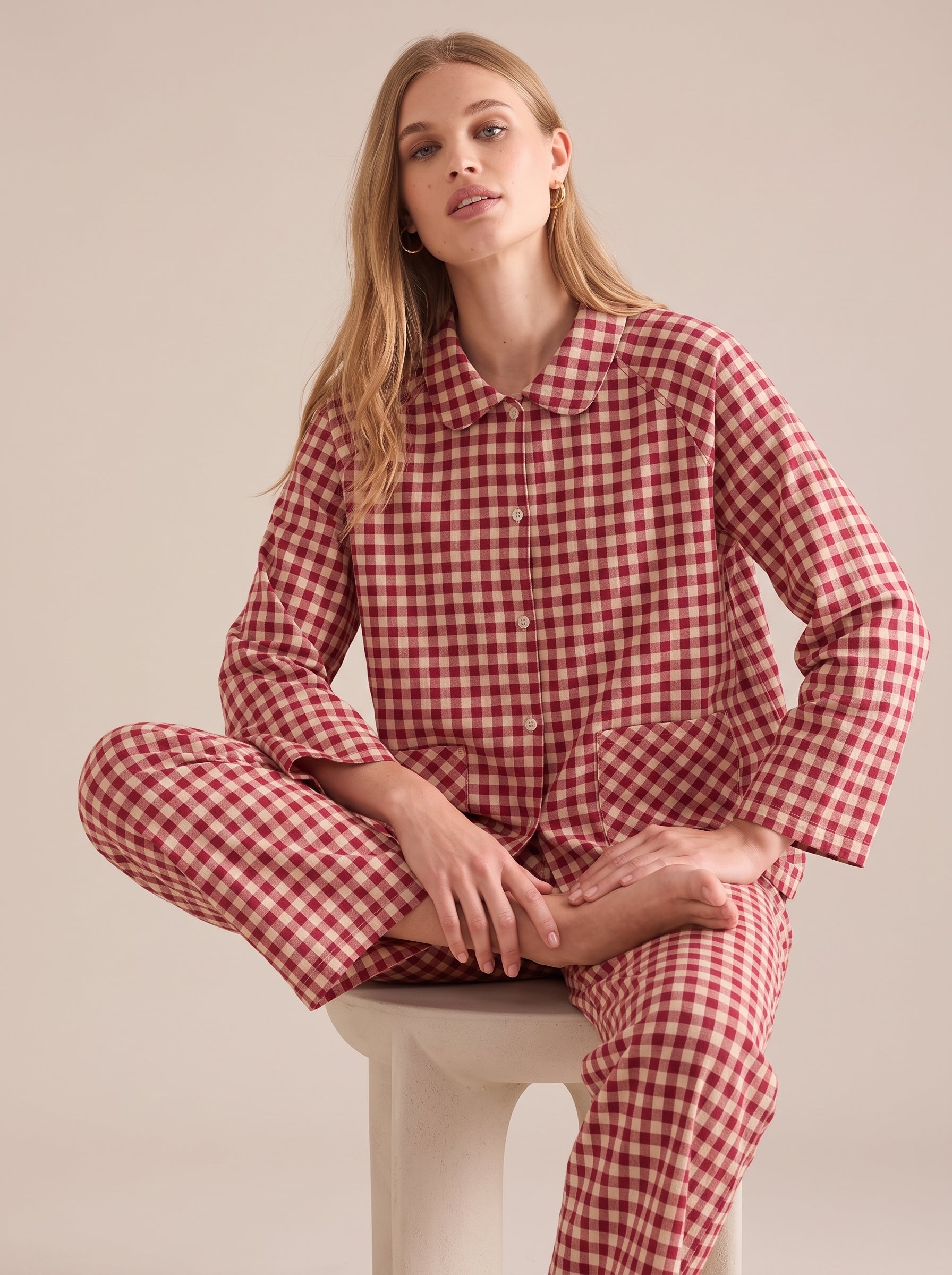 Peter Pan Collar Cotton Gingham Pajama Set #color_Red Gingham