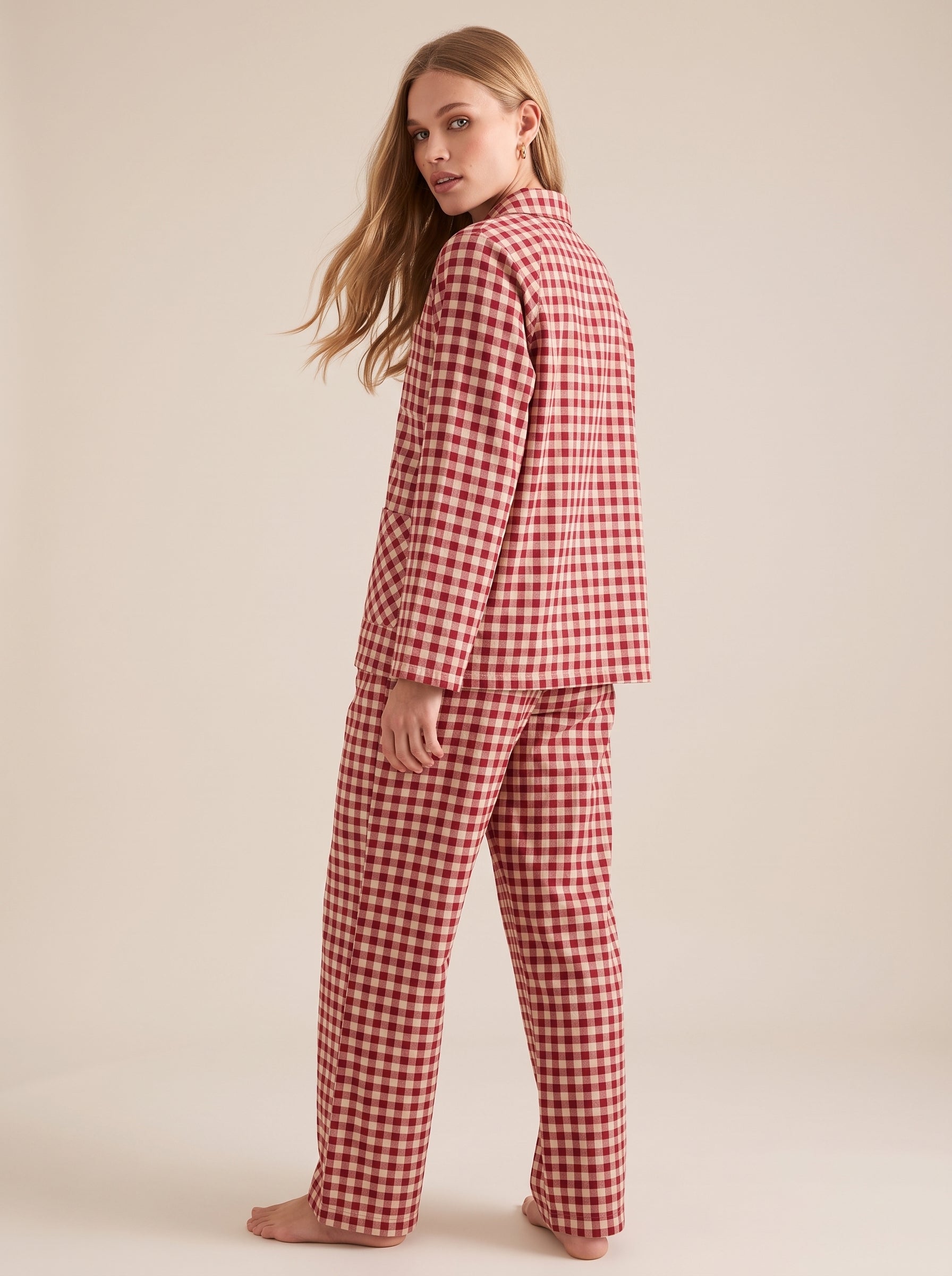 Peter Pan Collar Cotton Gingham Pajama Set #color_Red Gingham
