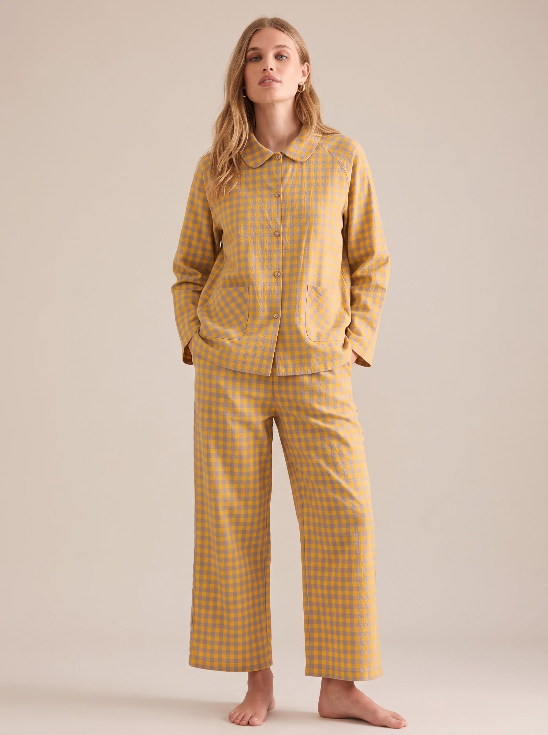 Peter Pan Collar Cotton Gingham Pajama Set #color_Yellow Gingham