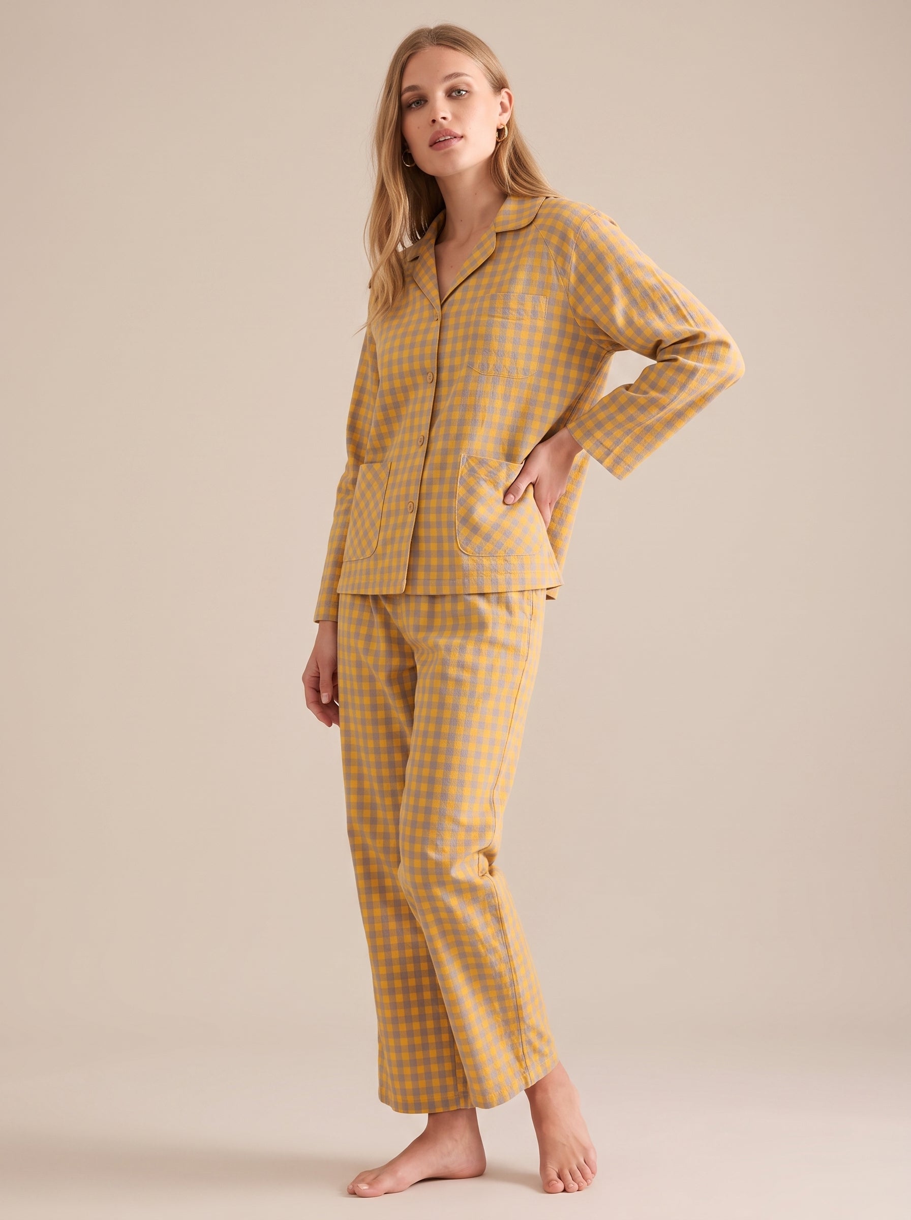 Peter Pan Collar Cotton Gingham Pajama Set #color_Yellow Gingham