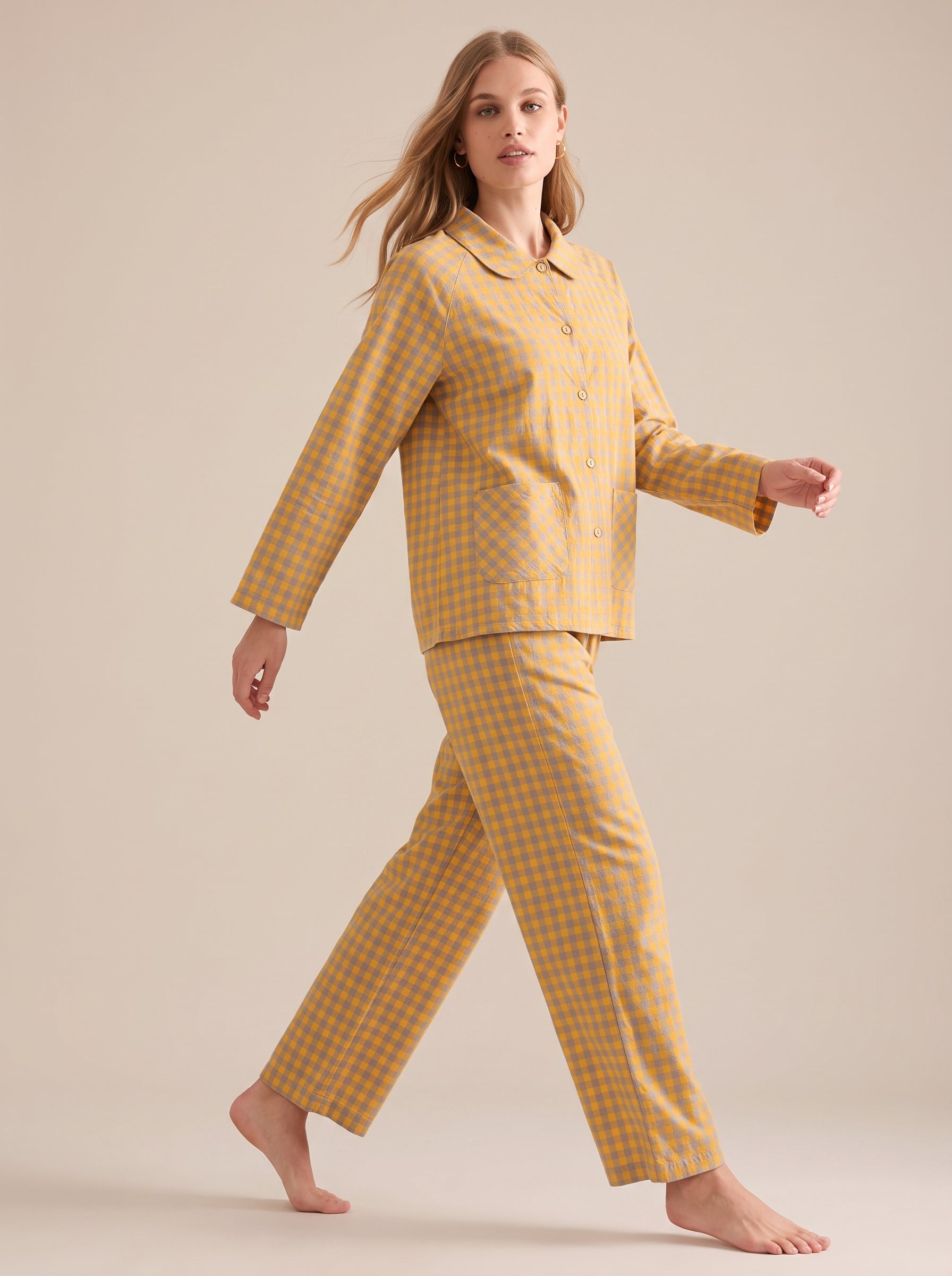 Peter Pan Collar Cotton Gingham Pajama Set #color_Yellow Gingham