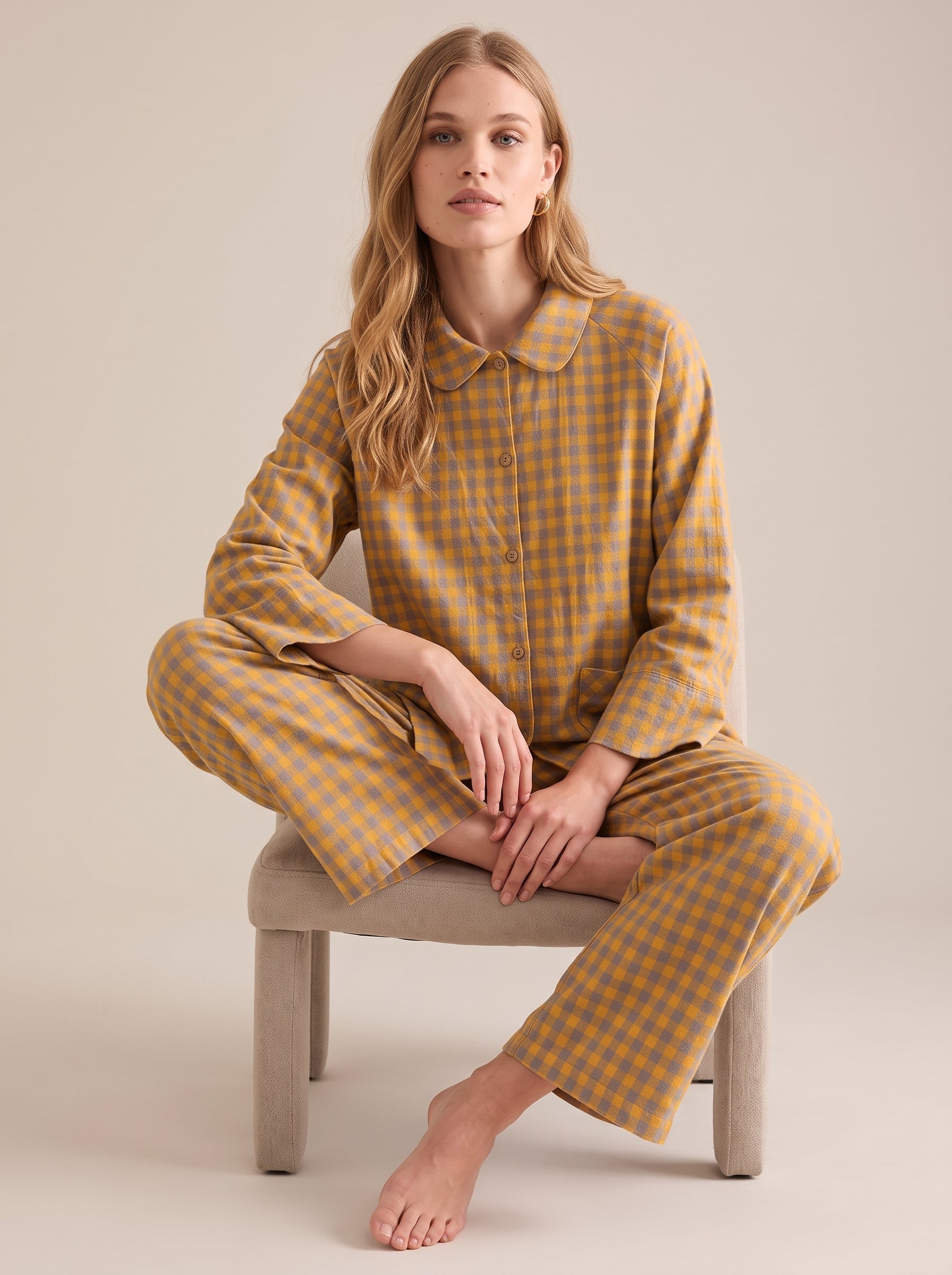 Peter Pan Collar Cotton Gingham Pajama Set #color_Yellow Gingham