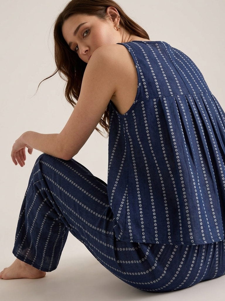 Striped Cotton Tank Pajama Set #color_Starry Stripe