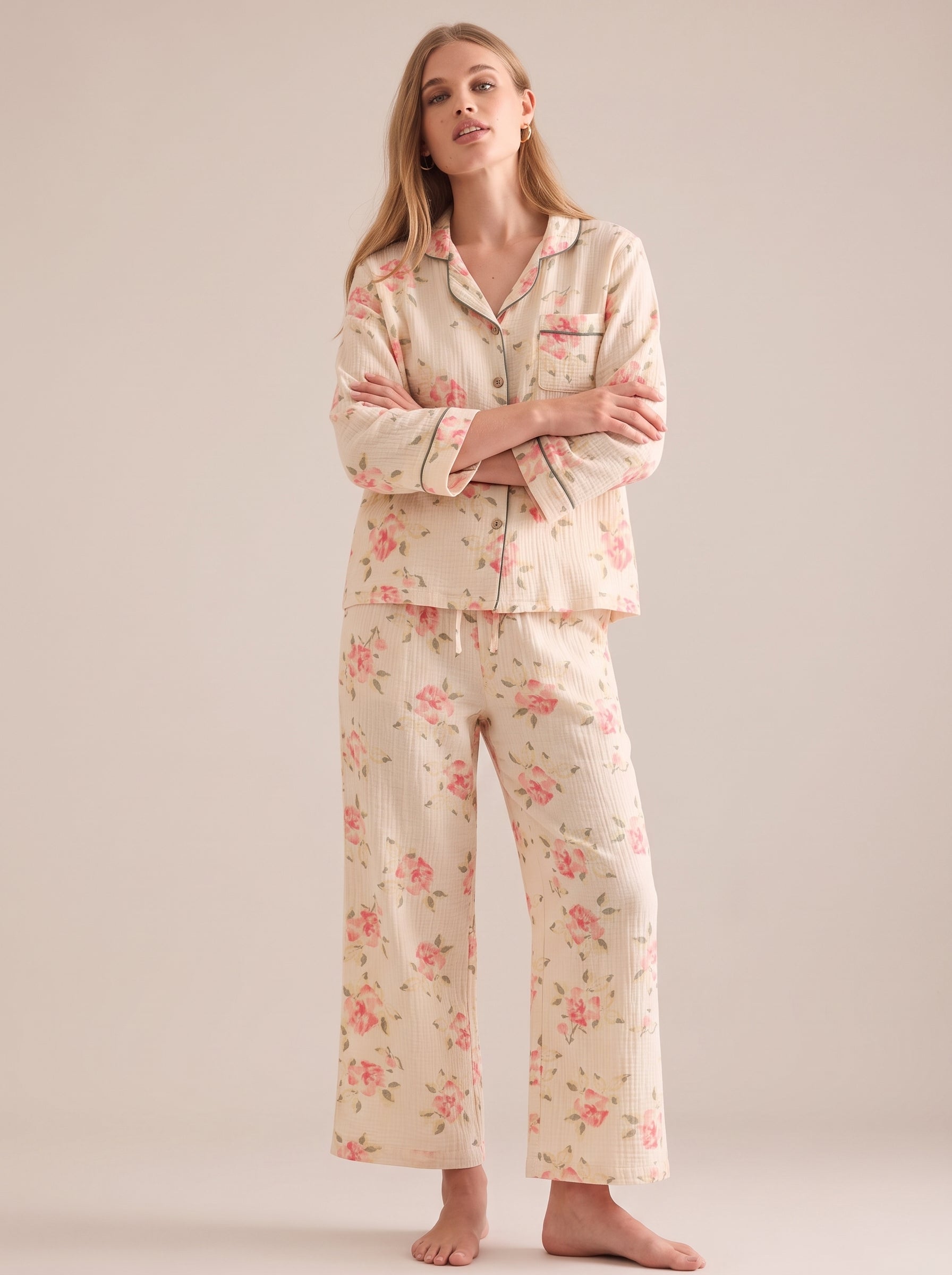Crinkle Cotton Rose Pajama Set #color_Blush Rose
