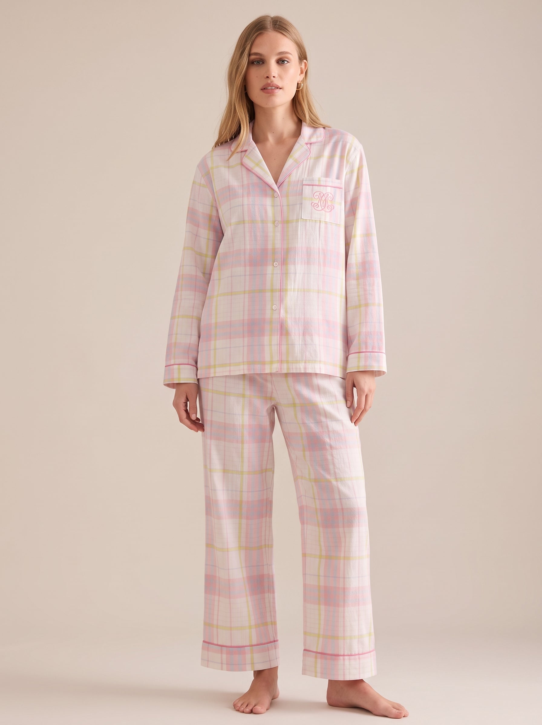 Pink Plaid Cotton Gauze Pajama Set #color_Pink Plaid