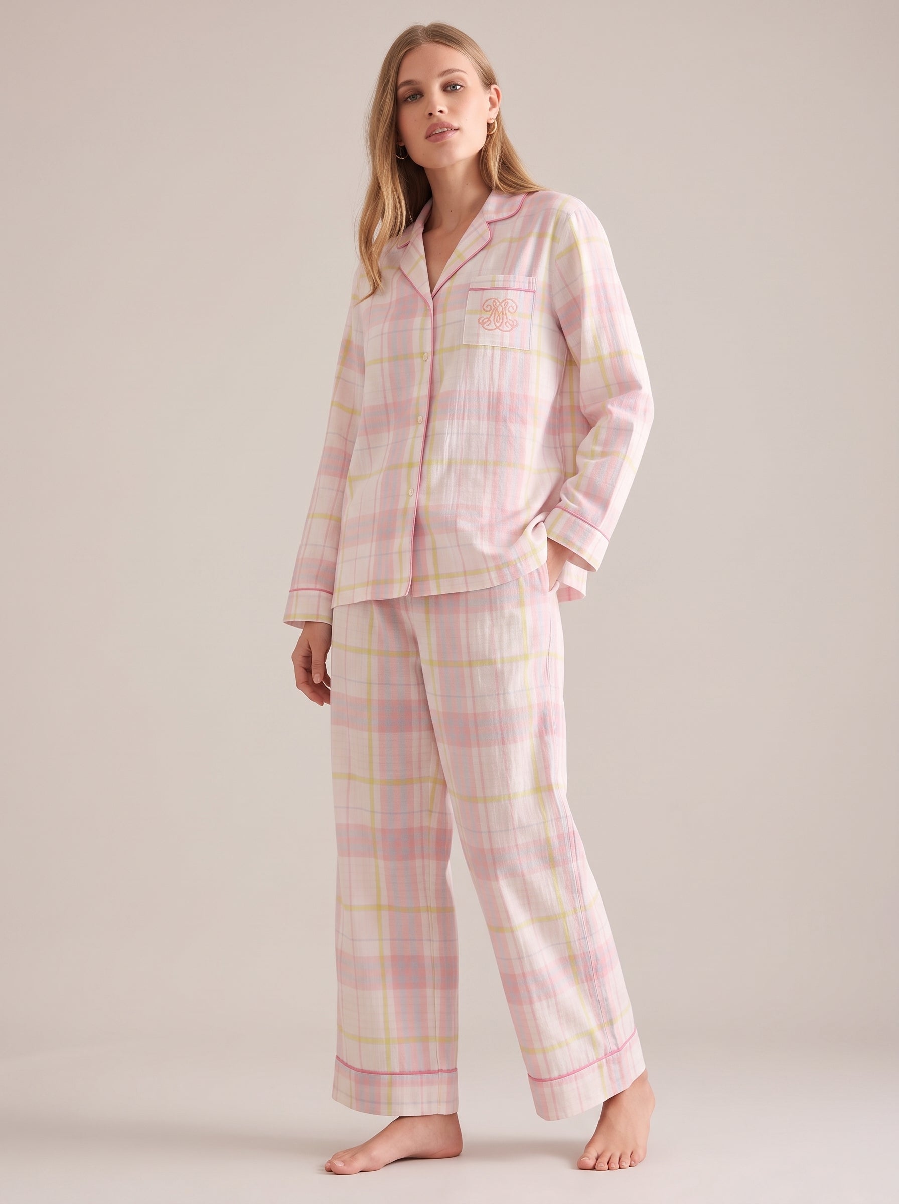 Pink Plaid Cotton Gauze Pajama Set #color_Pink Plaid
