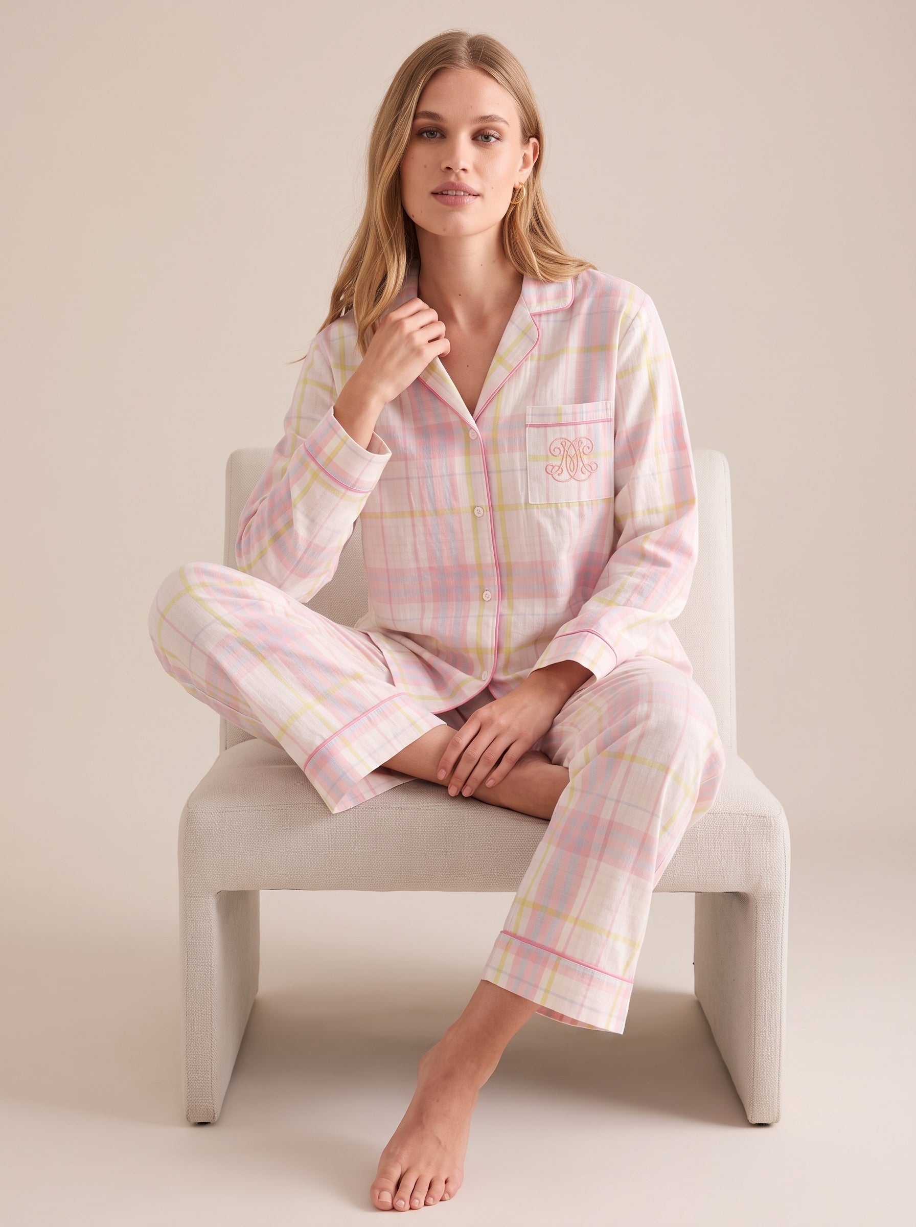 Pink Plaid Cotton Gauze Pajama Set #color_Pink Plaid