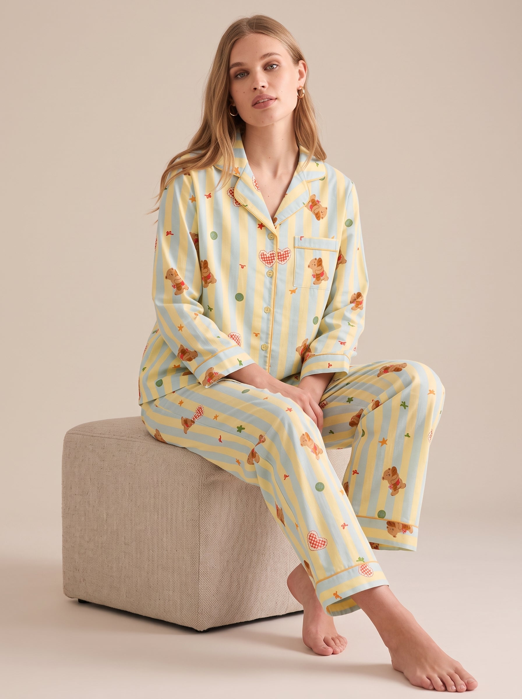 Bear Print Cotton Gauze Pajama Set #color_Bear Stripe