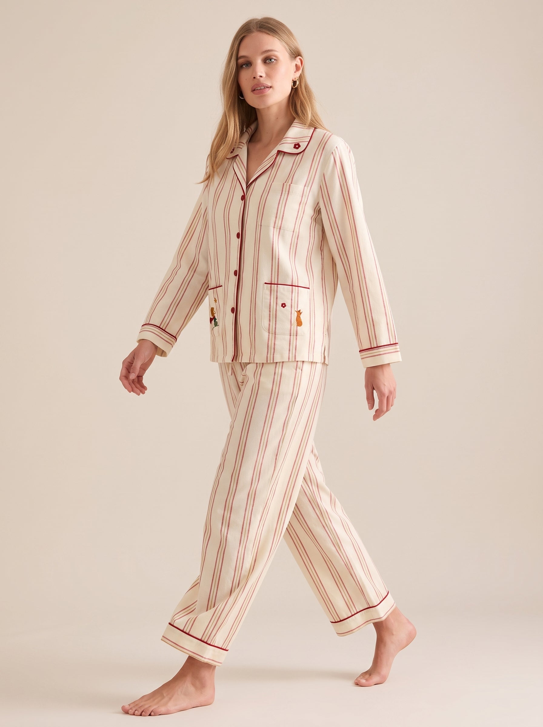 Embroidered Cotton Pajama Set #color_Red Stripe Embroidery