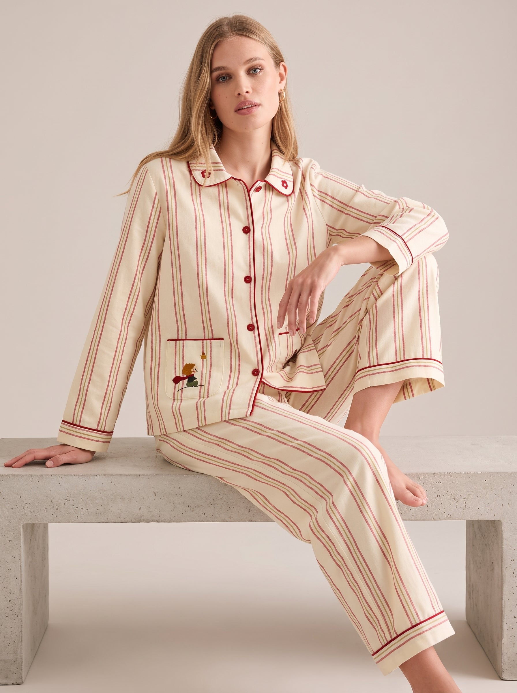 Embroidered Cotton Pajama Set #color_Red Stripe Embroidery