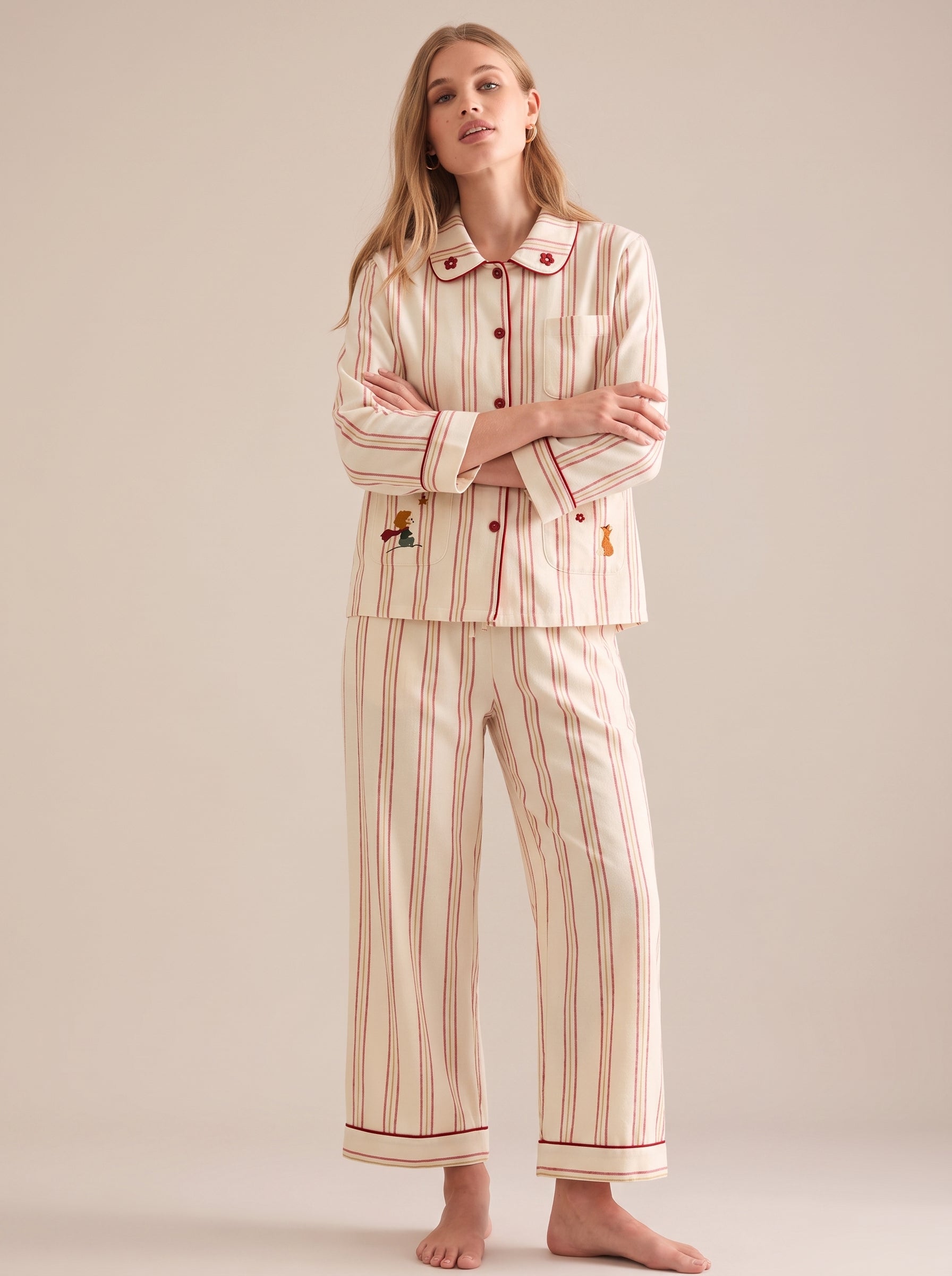 Embroidered Cotton Pajama Set #color_Red Stripe Embroidery