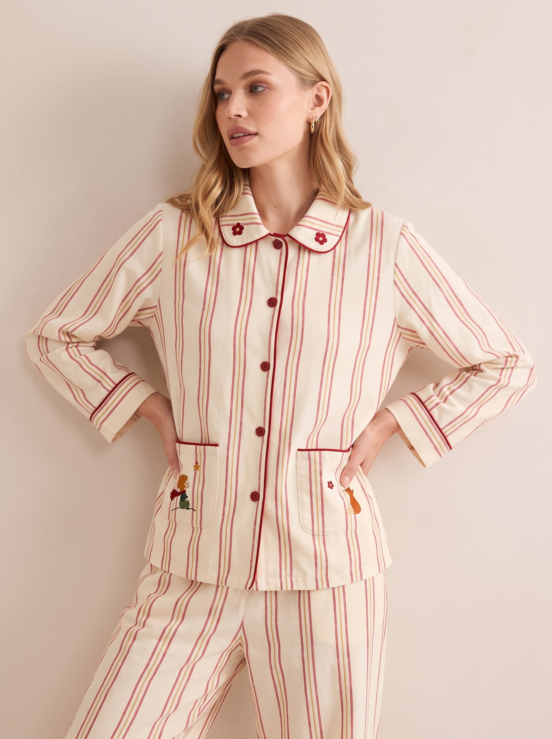 Embroidered Cotton Pajama Set #color_Red Stripe Embroidery