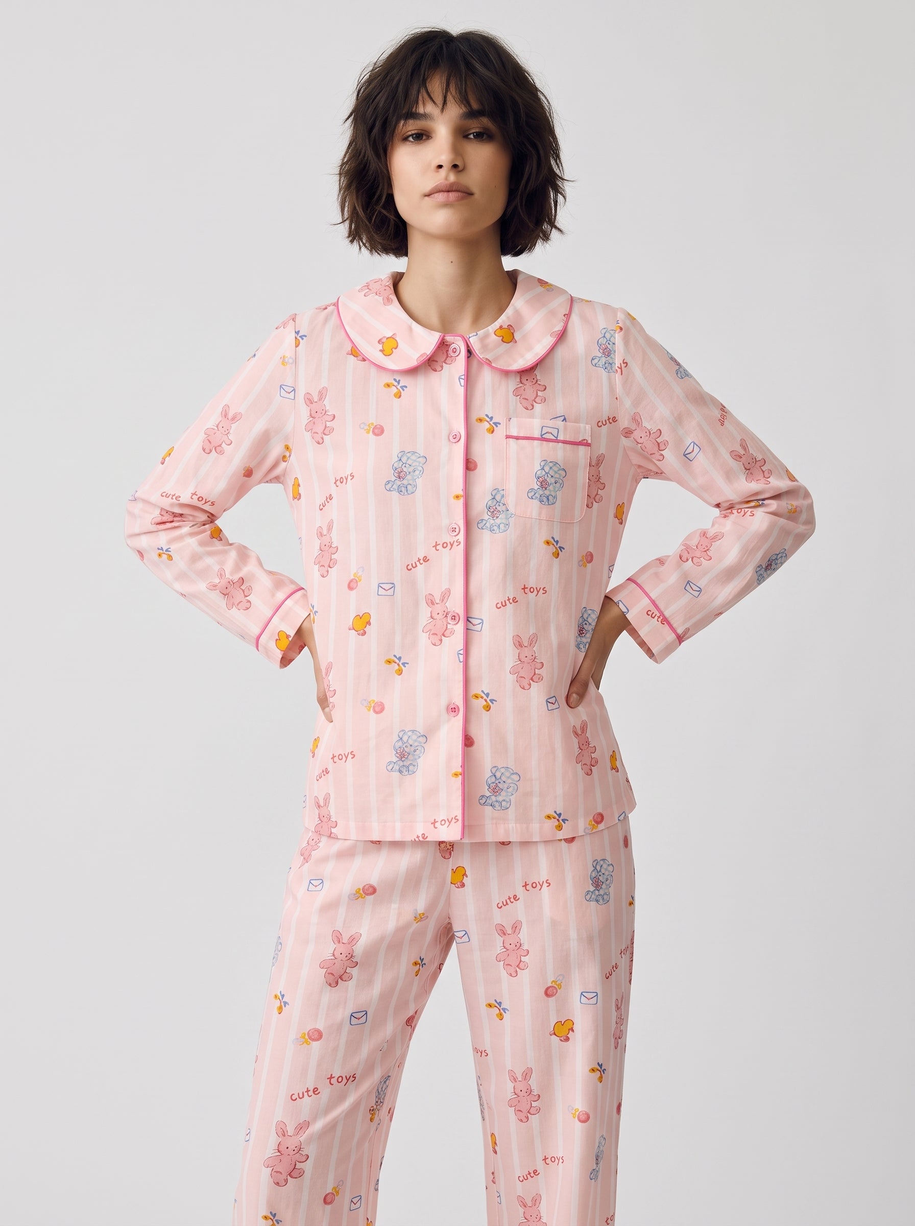 Pink Cartoon Cotton Gauze Pajama Set #color_Pink Toy Print