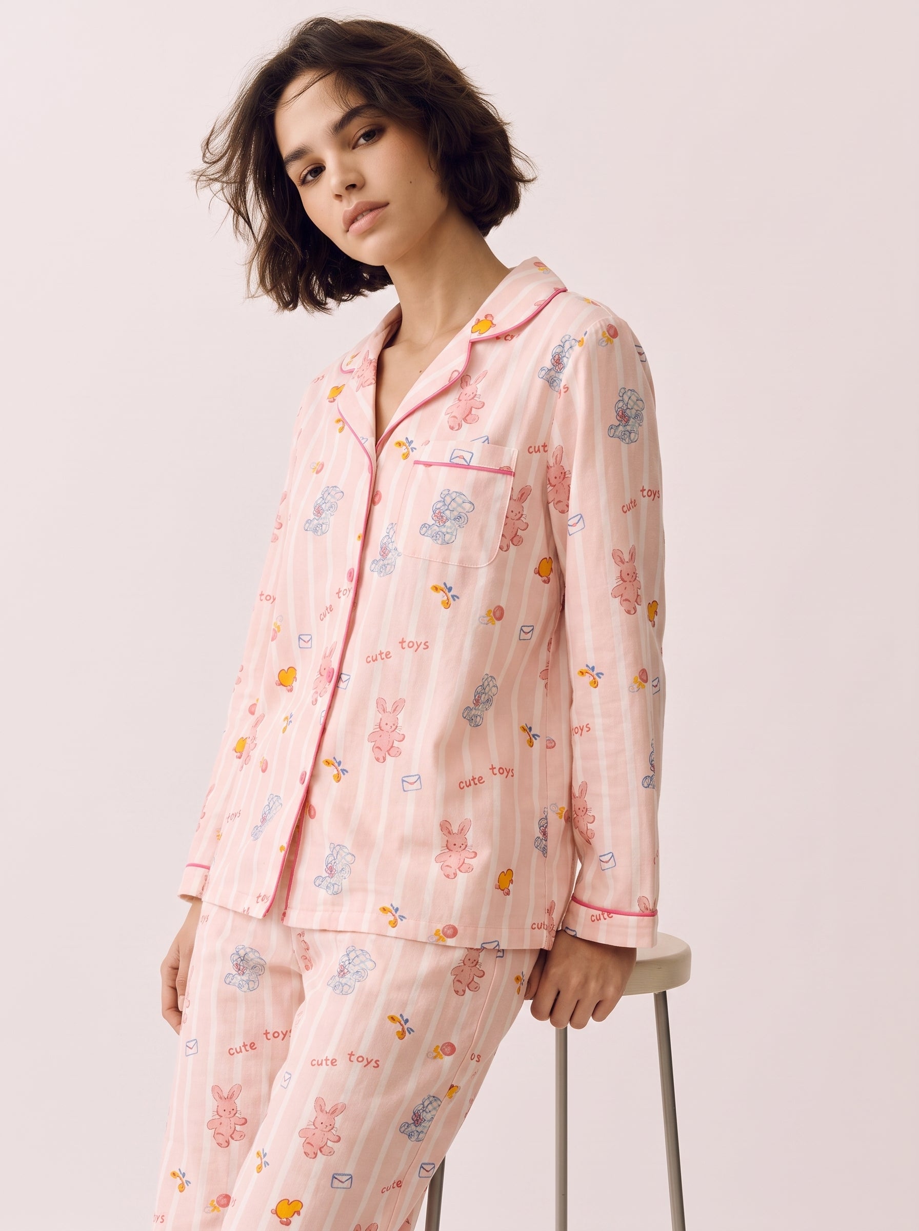 Pink Cartoon Cotton Gauze Pajama Set #color_Pink Toy Print