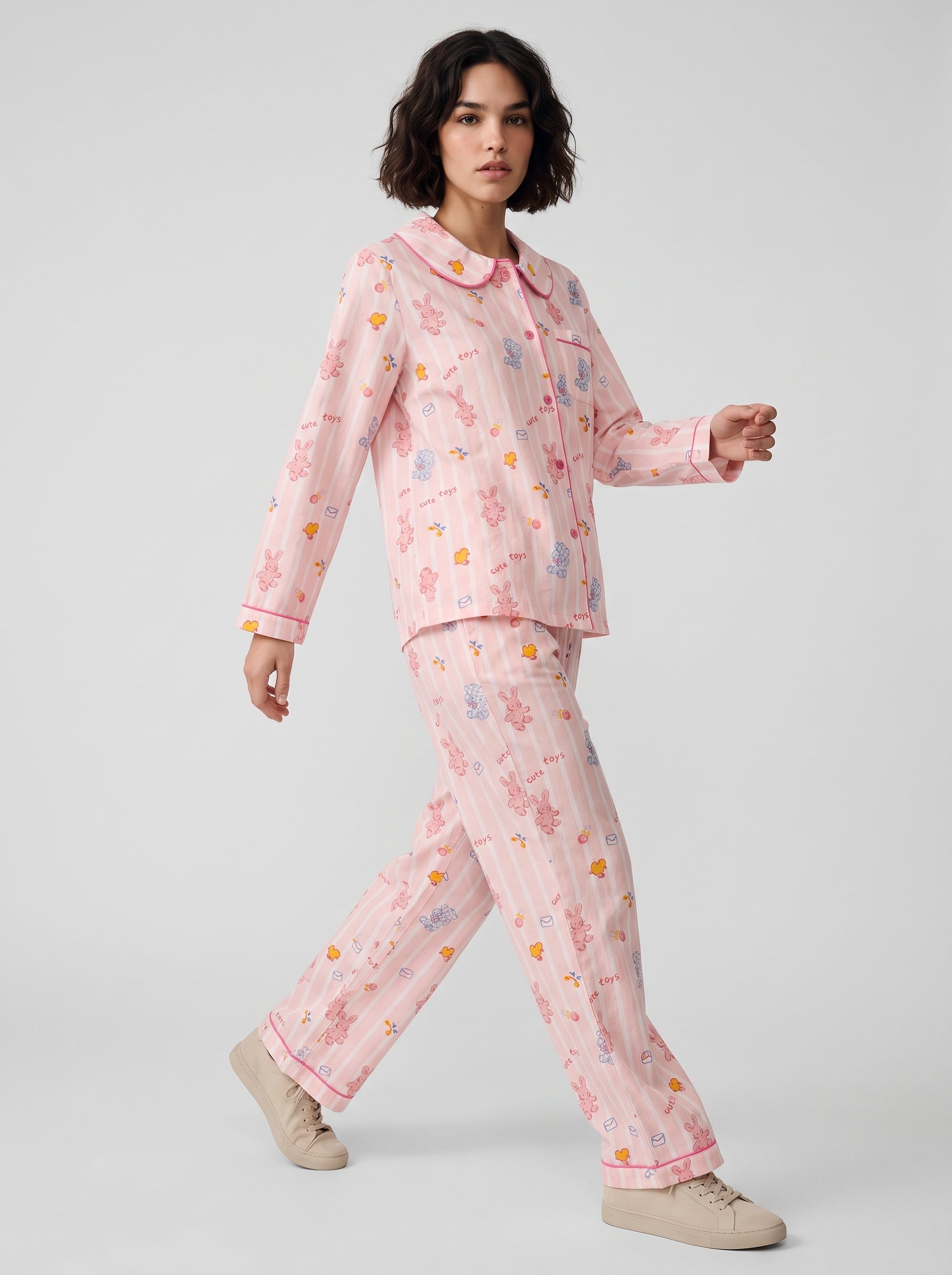 Pink Cartoon Cotton Gauze Pajama Set #color_Pink Toy Print