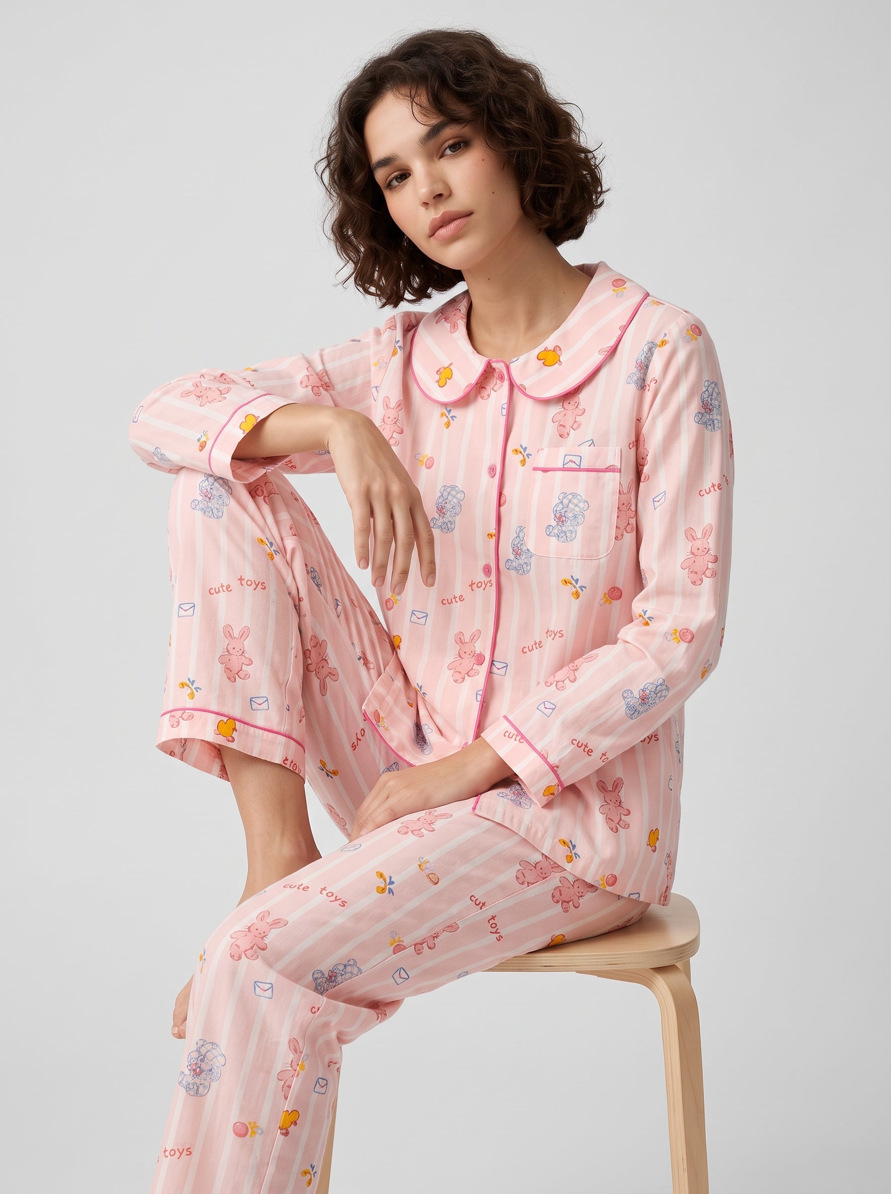 Pink Cartoon Cotton Gauze Pajama Set #color_Pink Toy Print