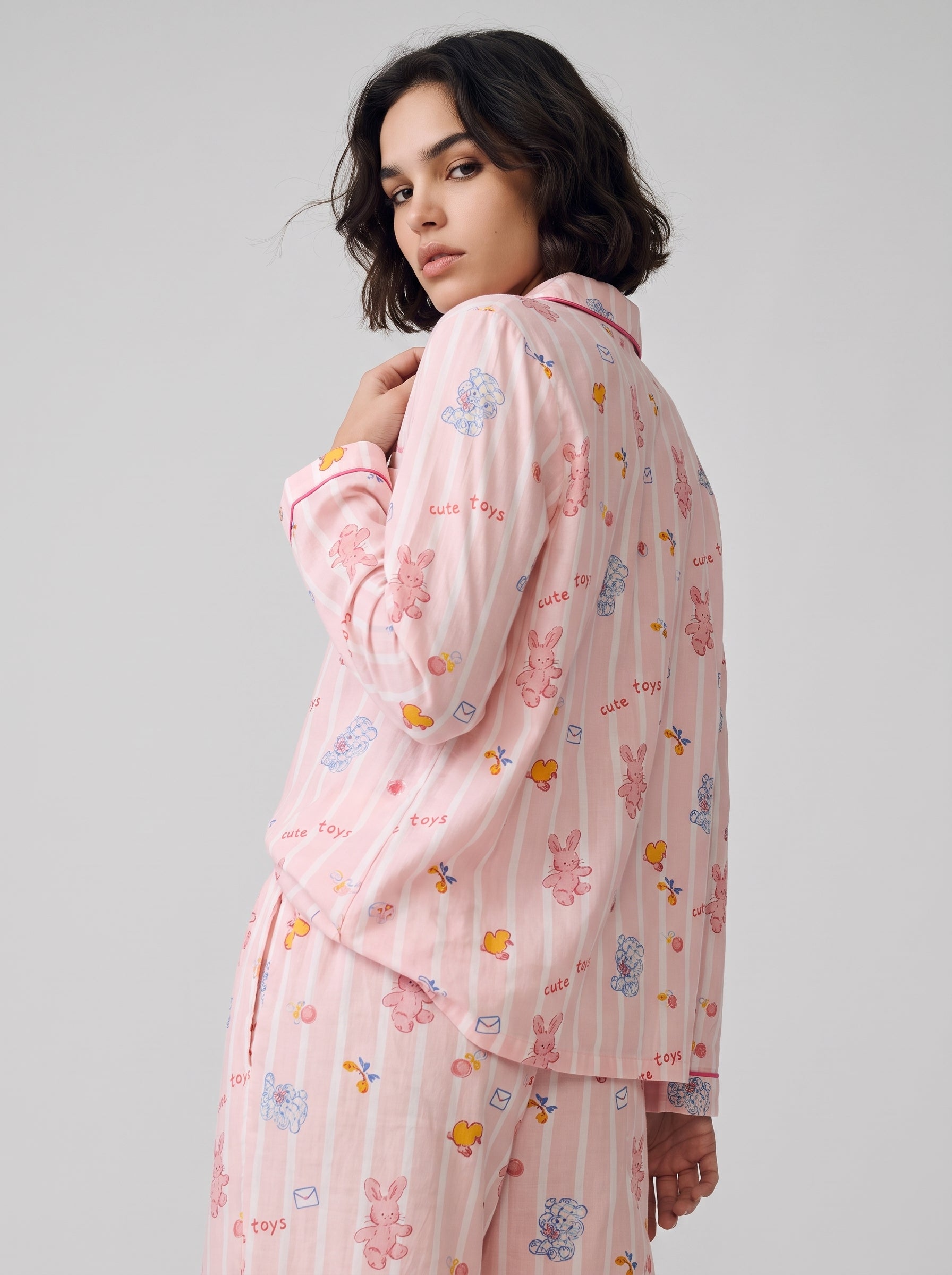 Pink Cartoon Cotton Gauze Pajama Set #color_Pink Toy Print