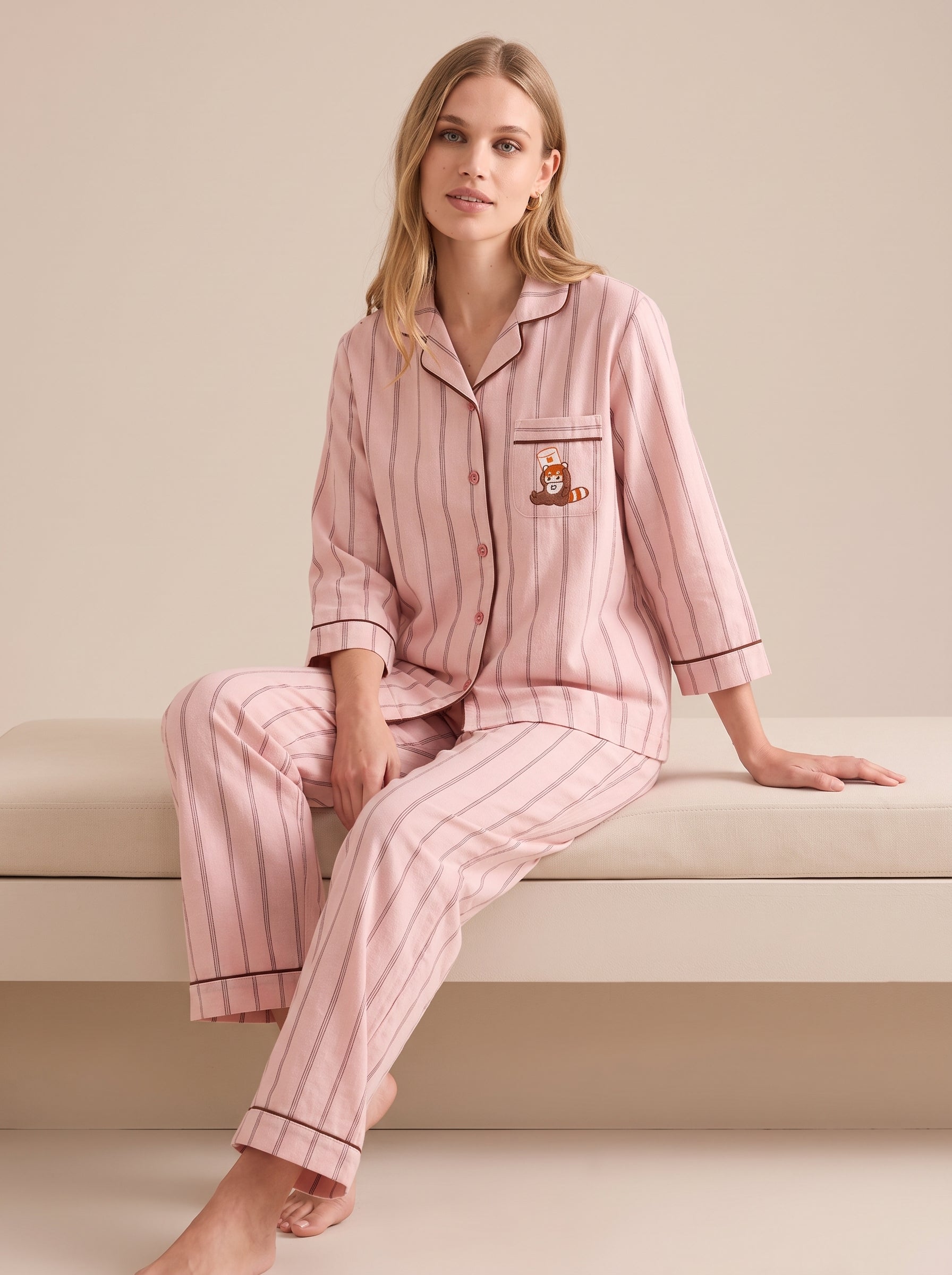 Cotton Flannel Stripe Pajama Set #color_Pink Raccoon Stripe