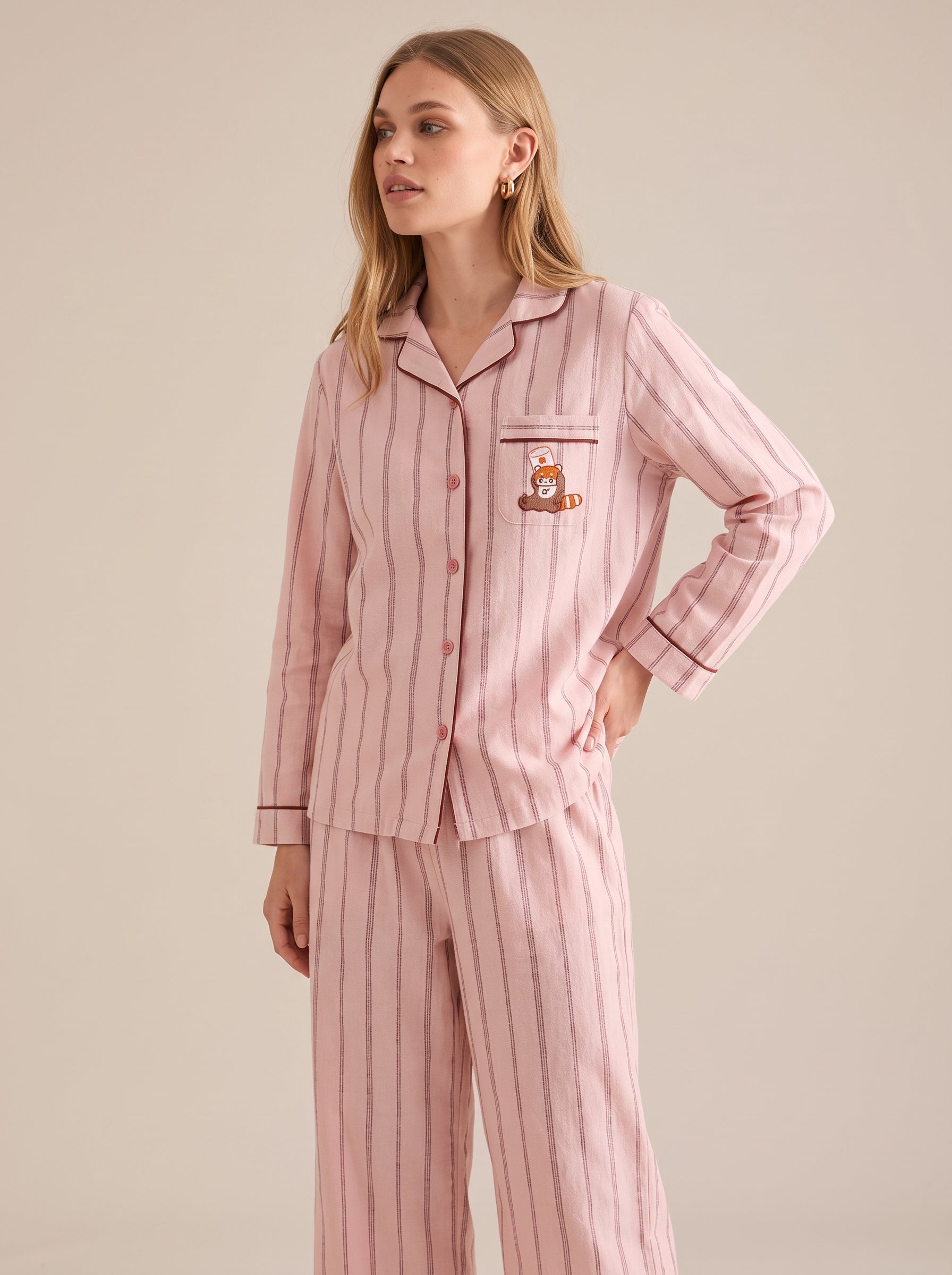 Cotton Flannel Stripe Pajama Set #color_Pink Raccoon Stripe