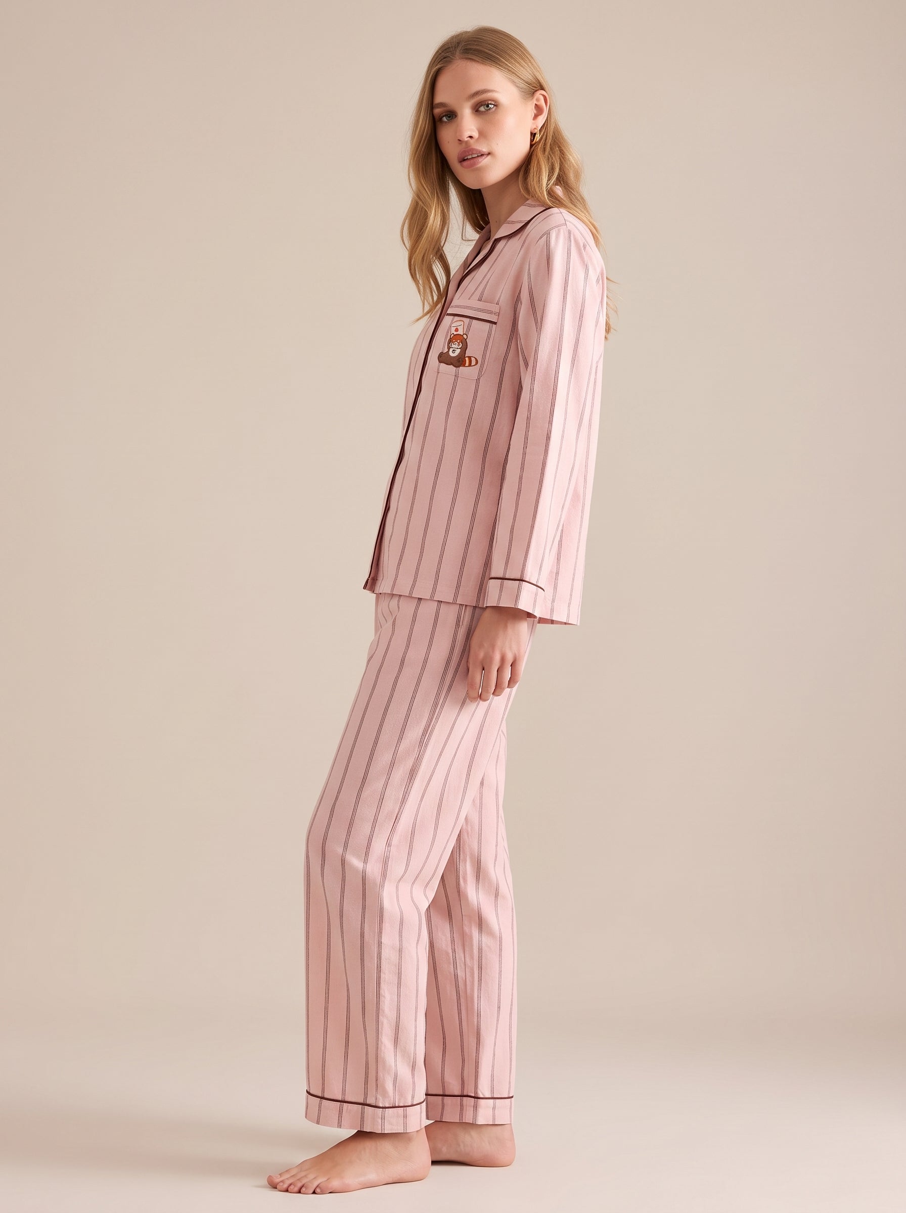 Cotton Flannel Stripe Pajama Set #color_Pink Raccoon Stripe