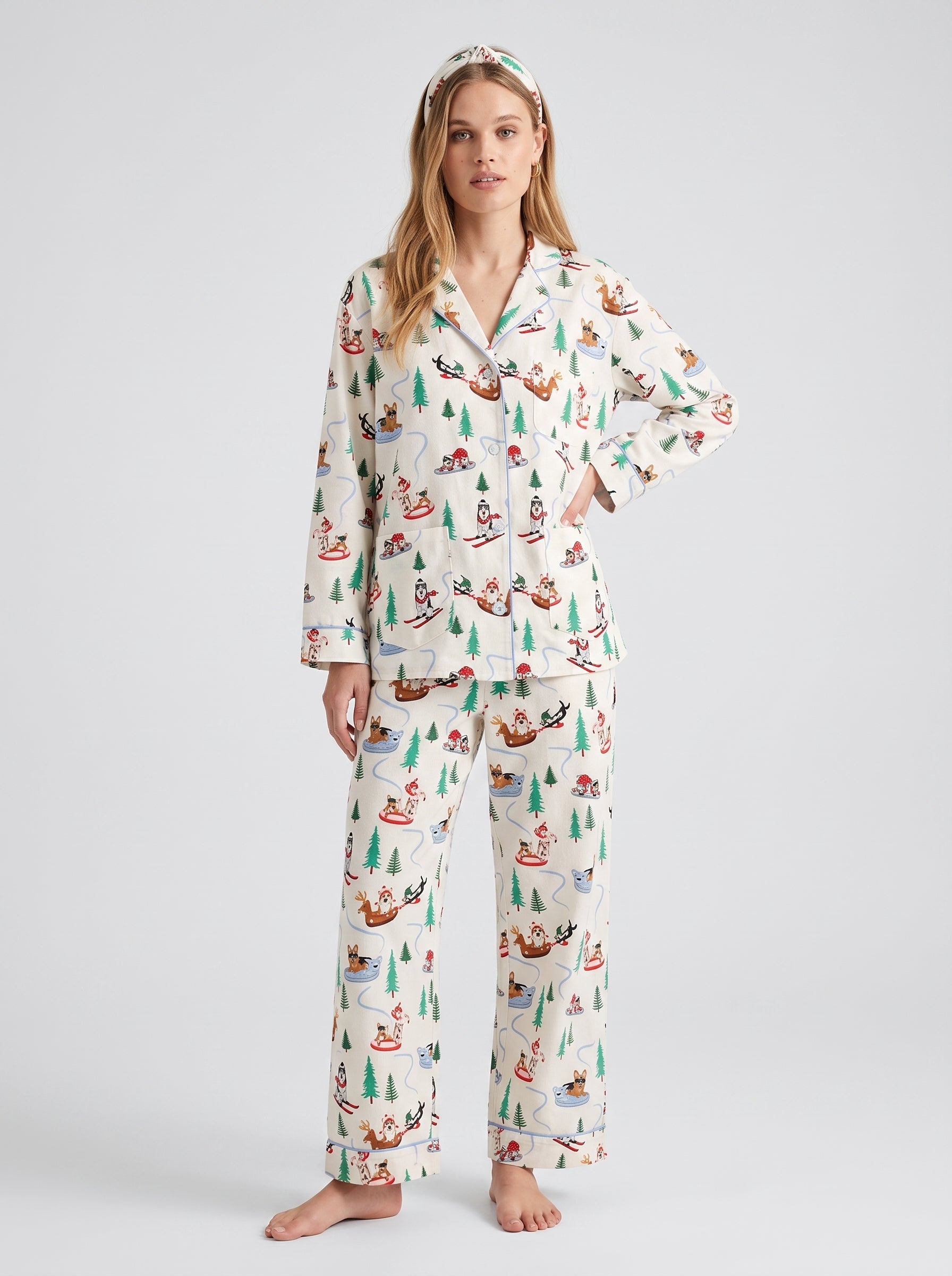 White Sleigh Cotton Flannel Pajama Set #color_White Sleigh Print