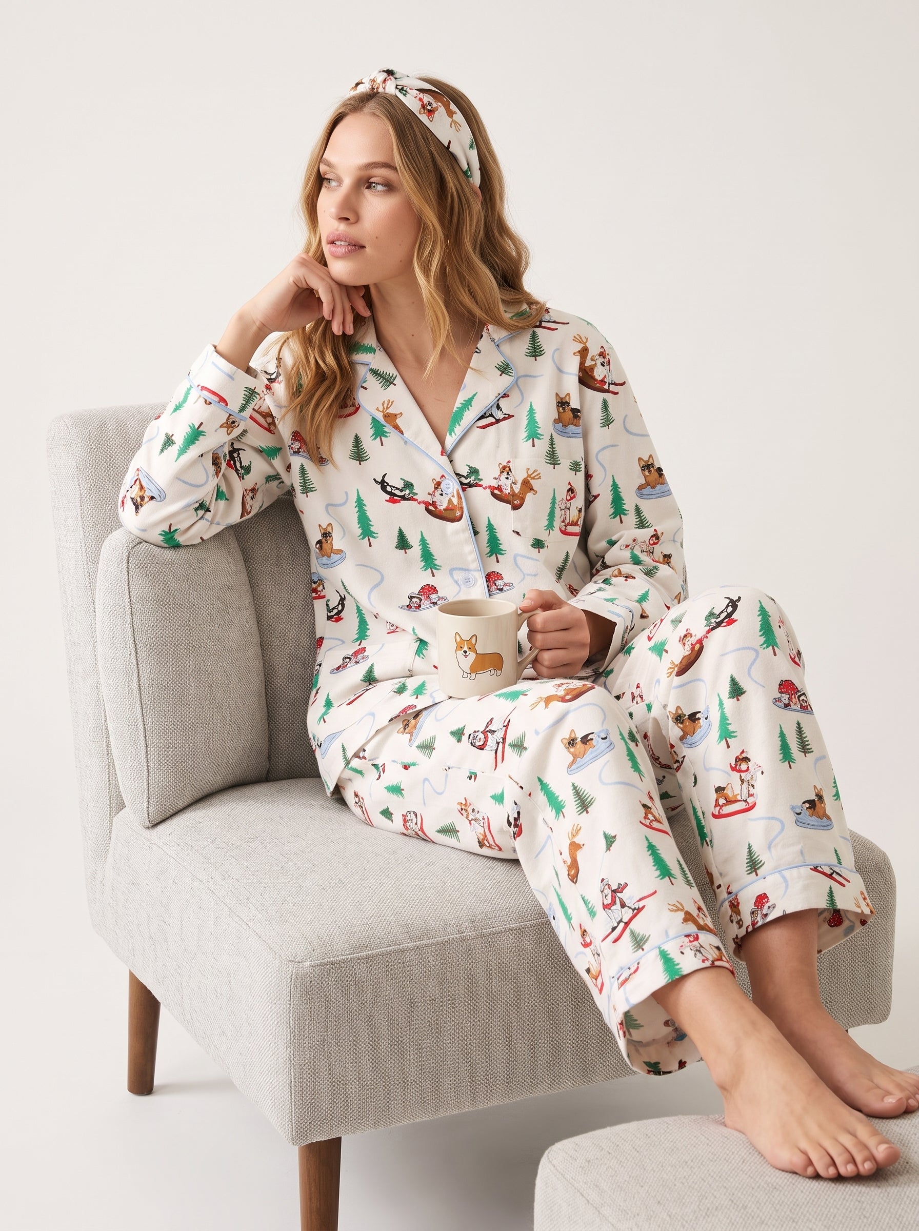 White Sleigh Cotton Flannel Pajama Set #color_White Sleigh Print
