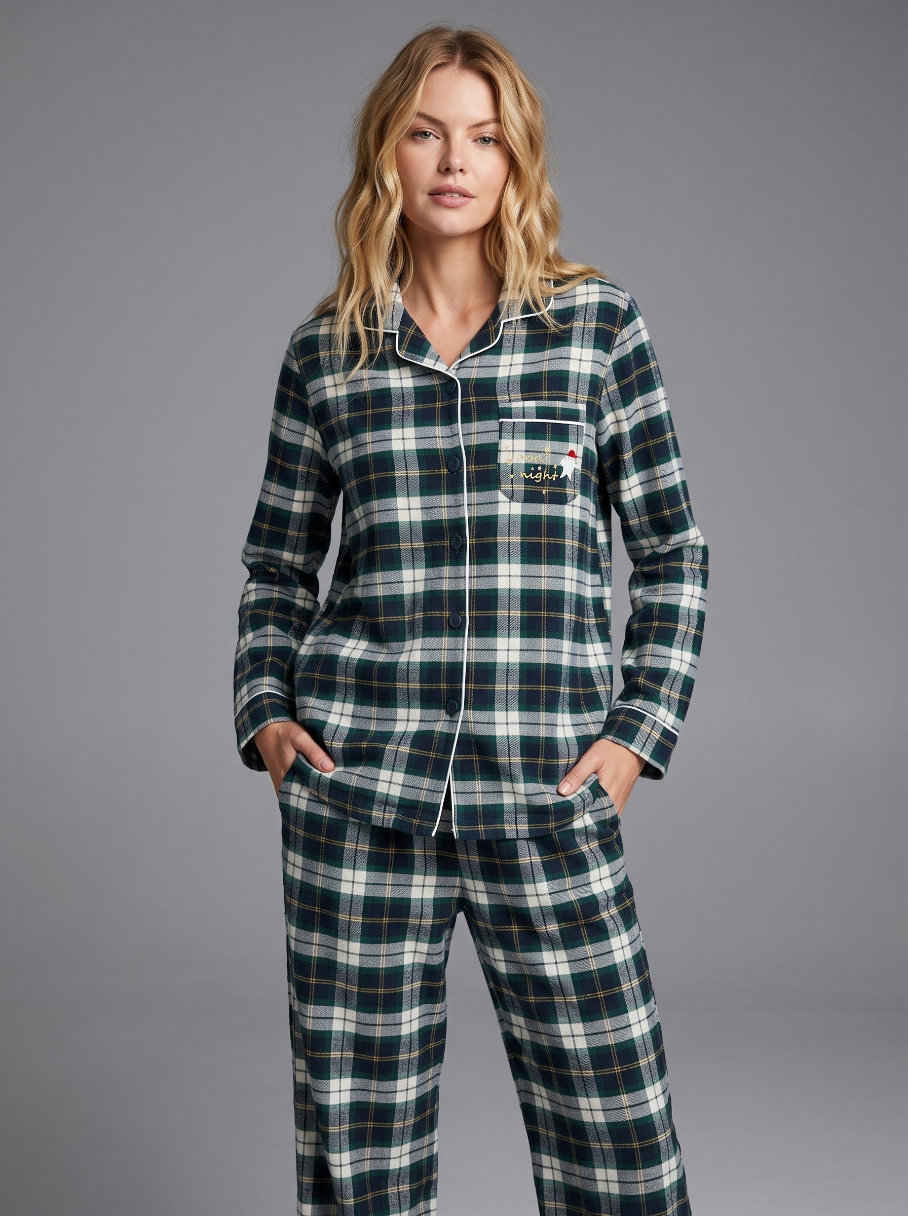 Green Plaid Cotton Flannel Pajama Set #color_Green Plaid