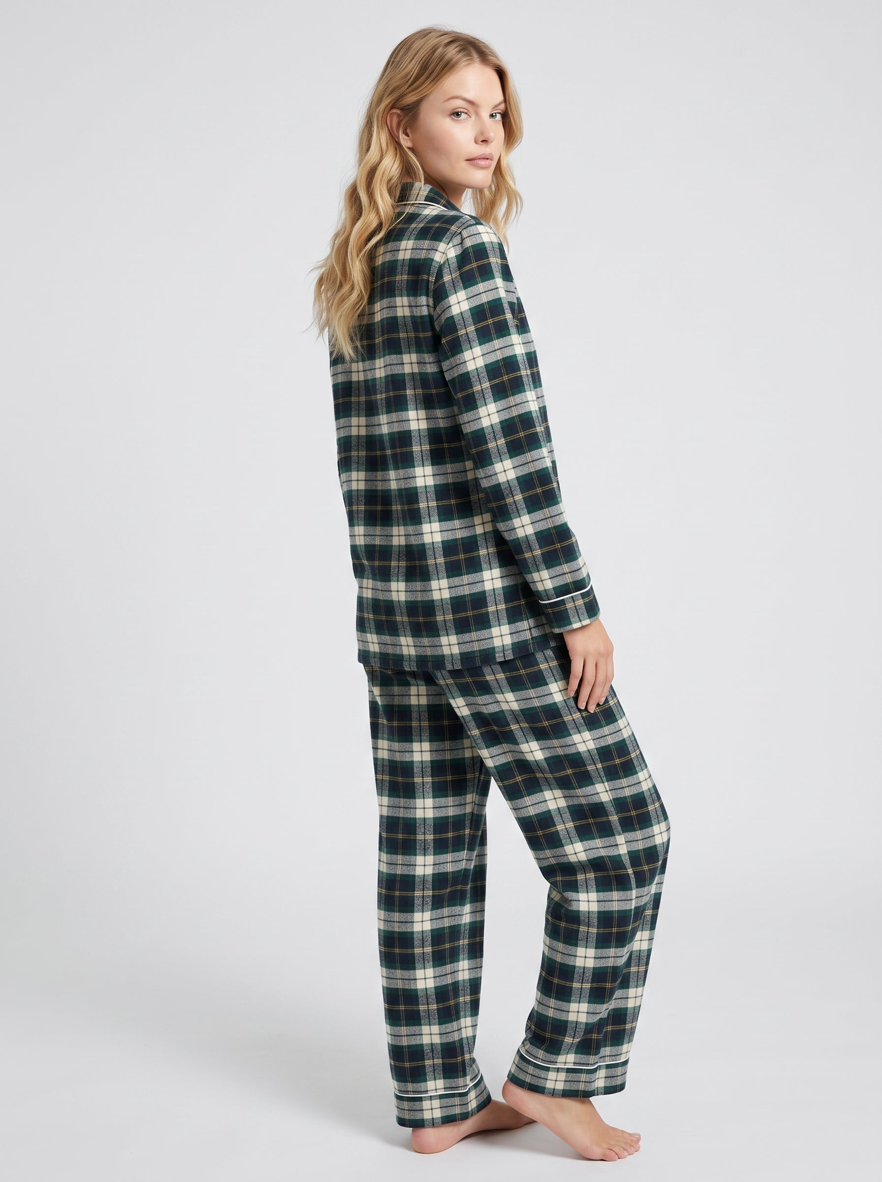 Green Plaid Cotton Flannel Pajama Set #color_Green Plaid