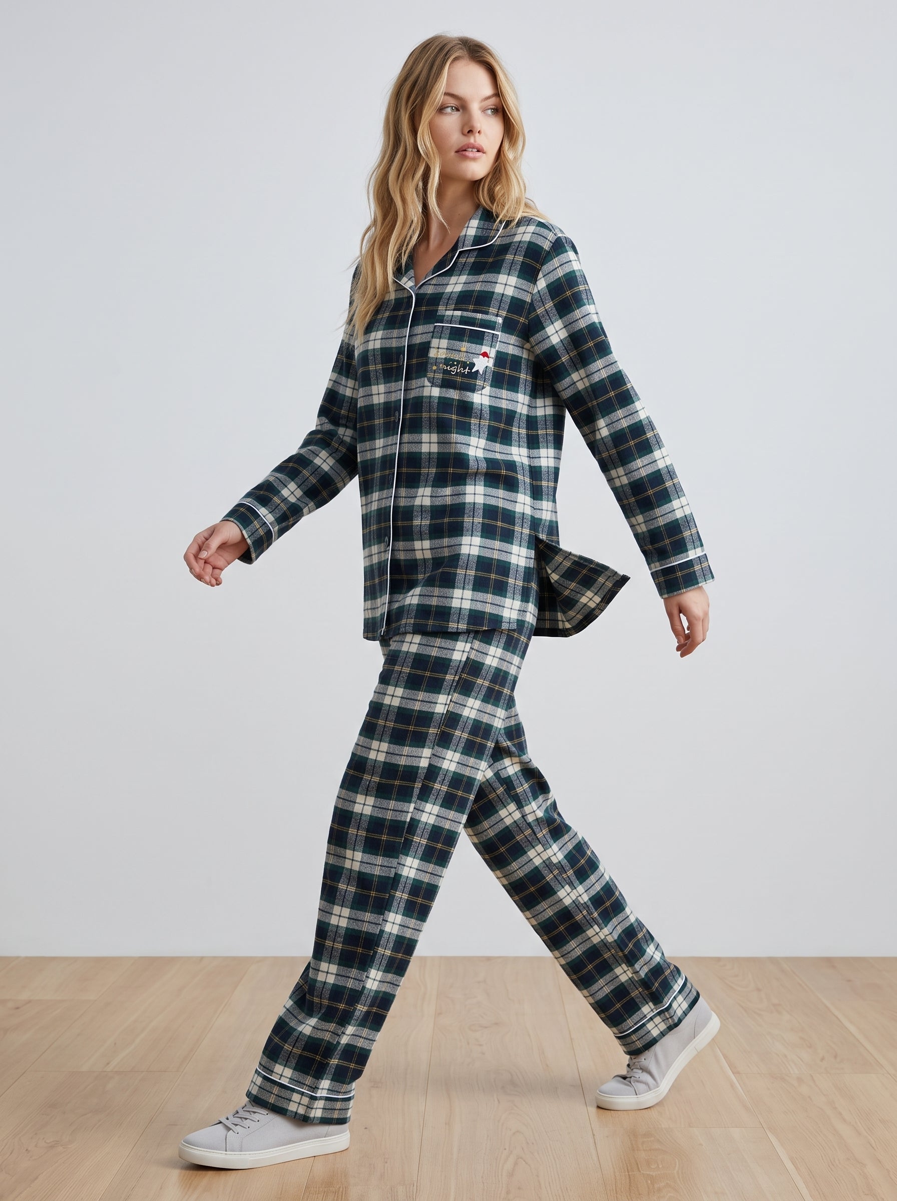 Green Plaid Cotton Flannel Pajama Set #color_Green Plaid
