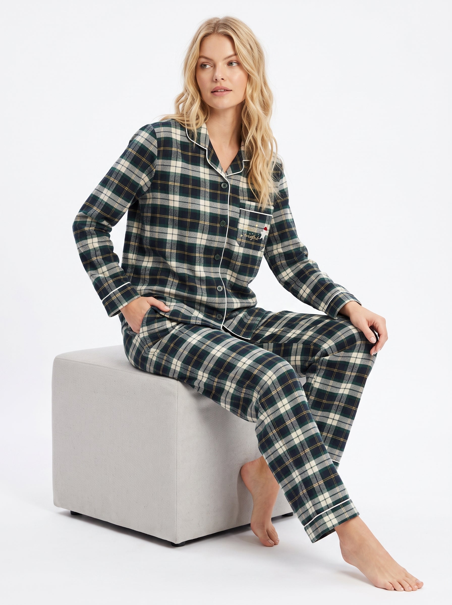 Green Plaid Cotton Flannel Pajama Set #color_Green Plaid