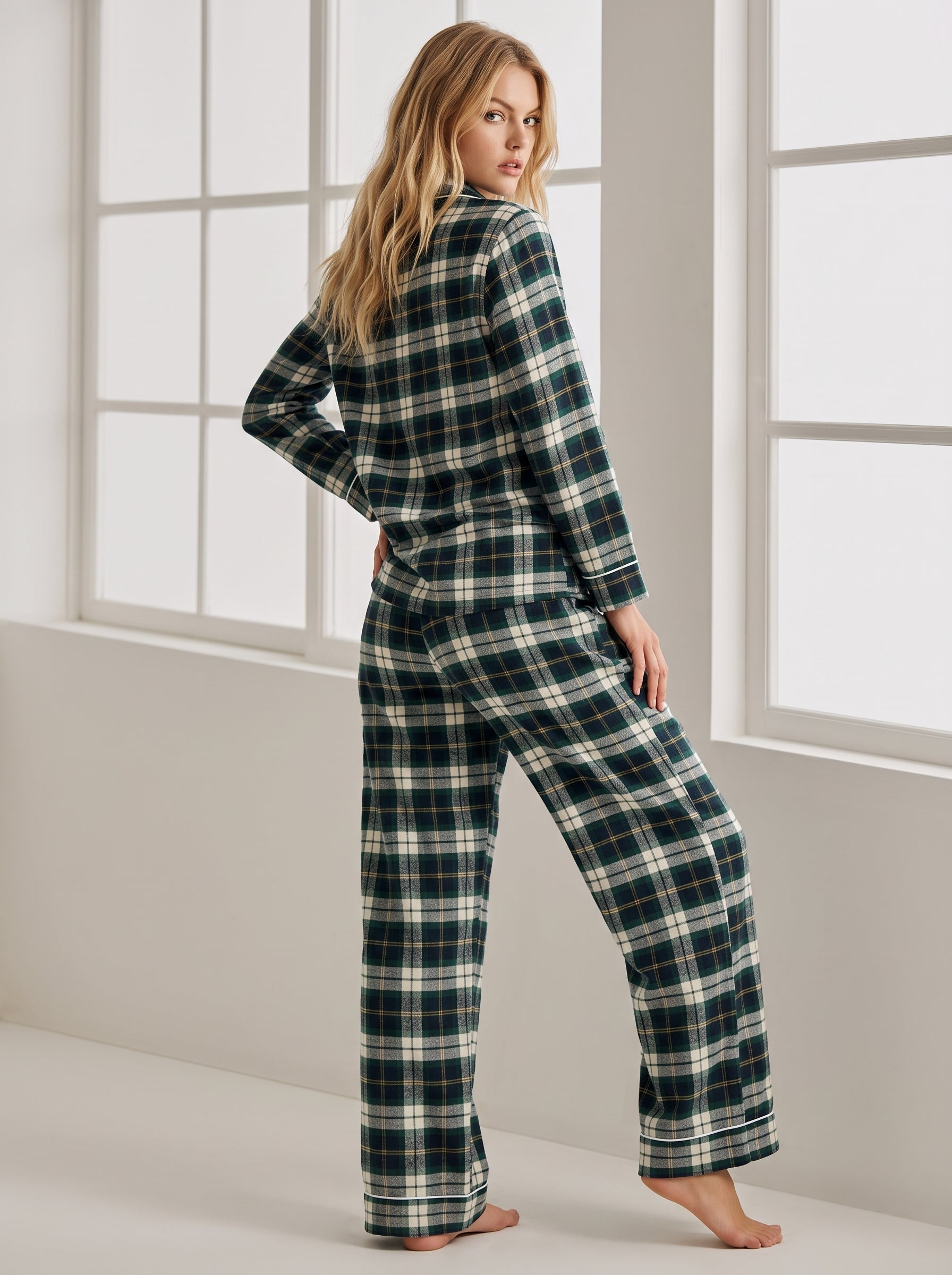 Green Plaid Cotton Flannel Pajama Set #color_Green Plaid