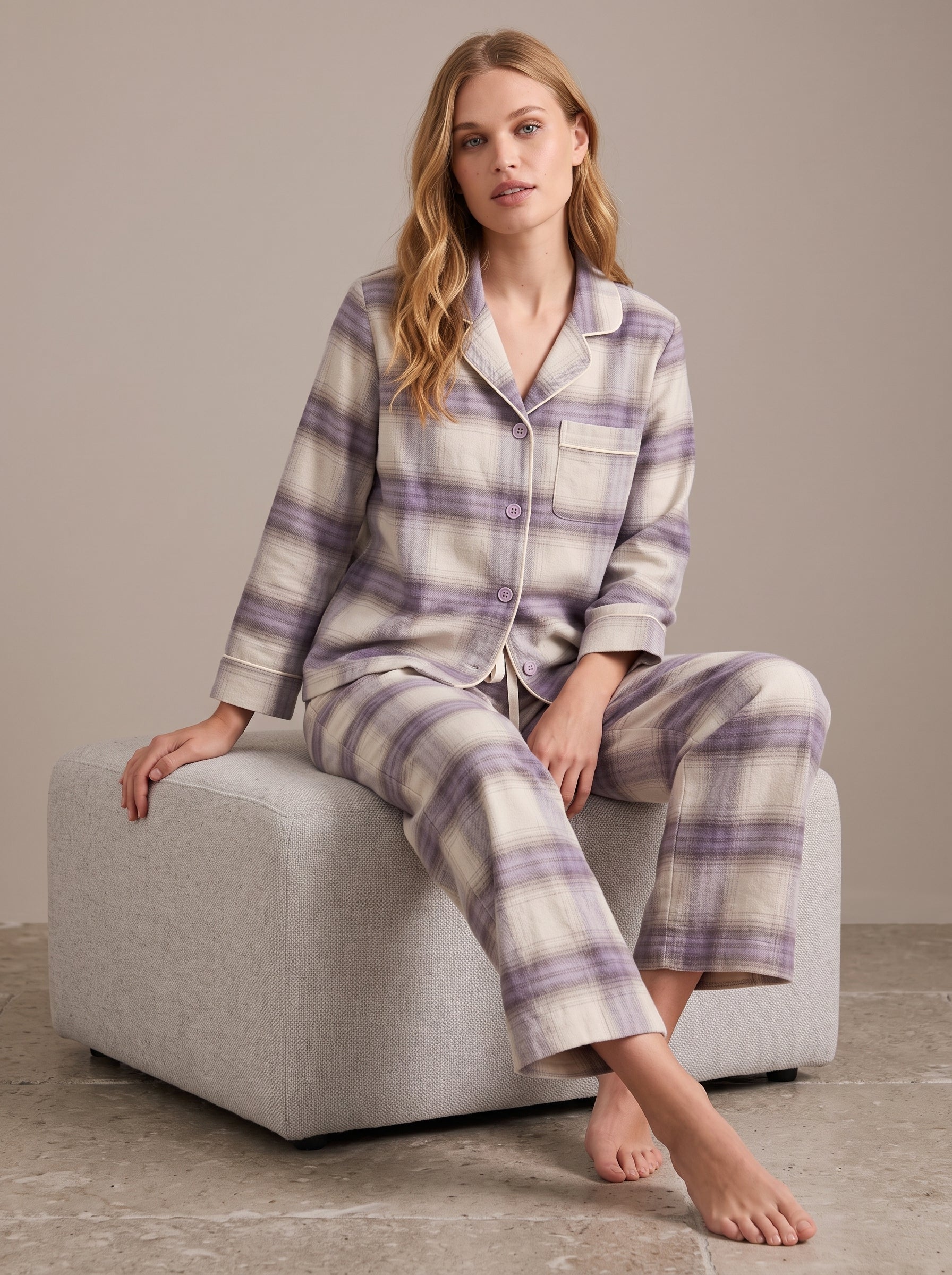 Plaid Cotton Flannel Pajama Set #color_Lavender Plaid