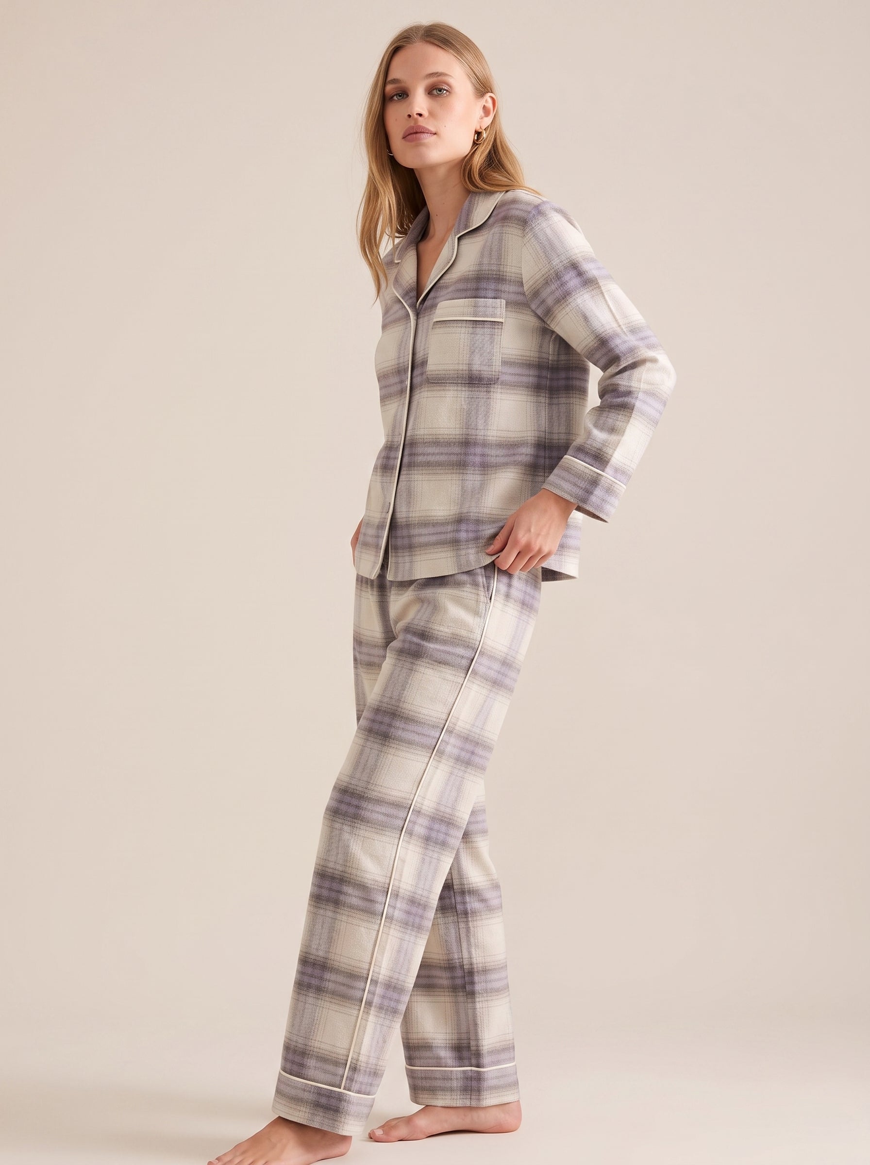 Plaid Cotton Flannel Pajama Set #color_Lavender Plaid