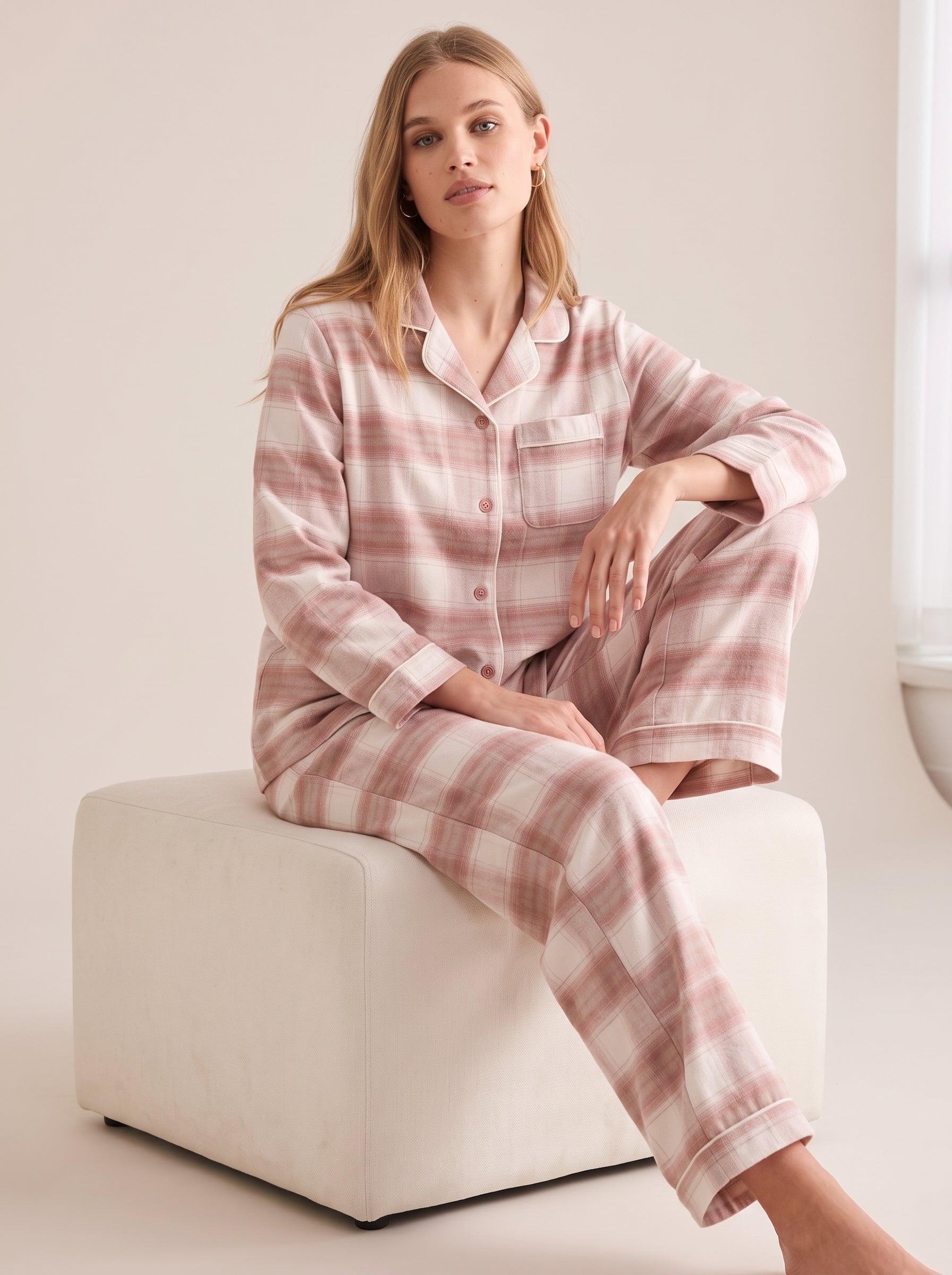 Plaid Cotton Flannel Pajama Set #color_Rose Plaid