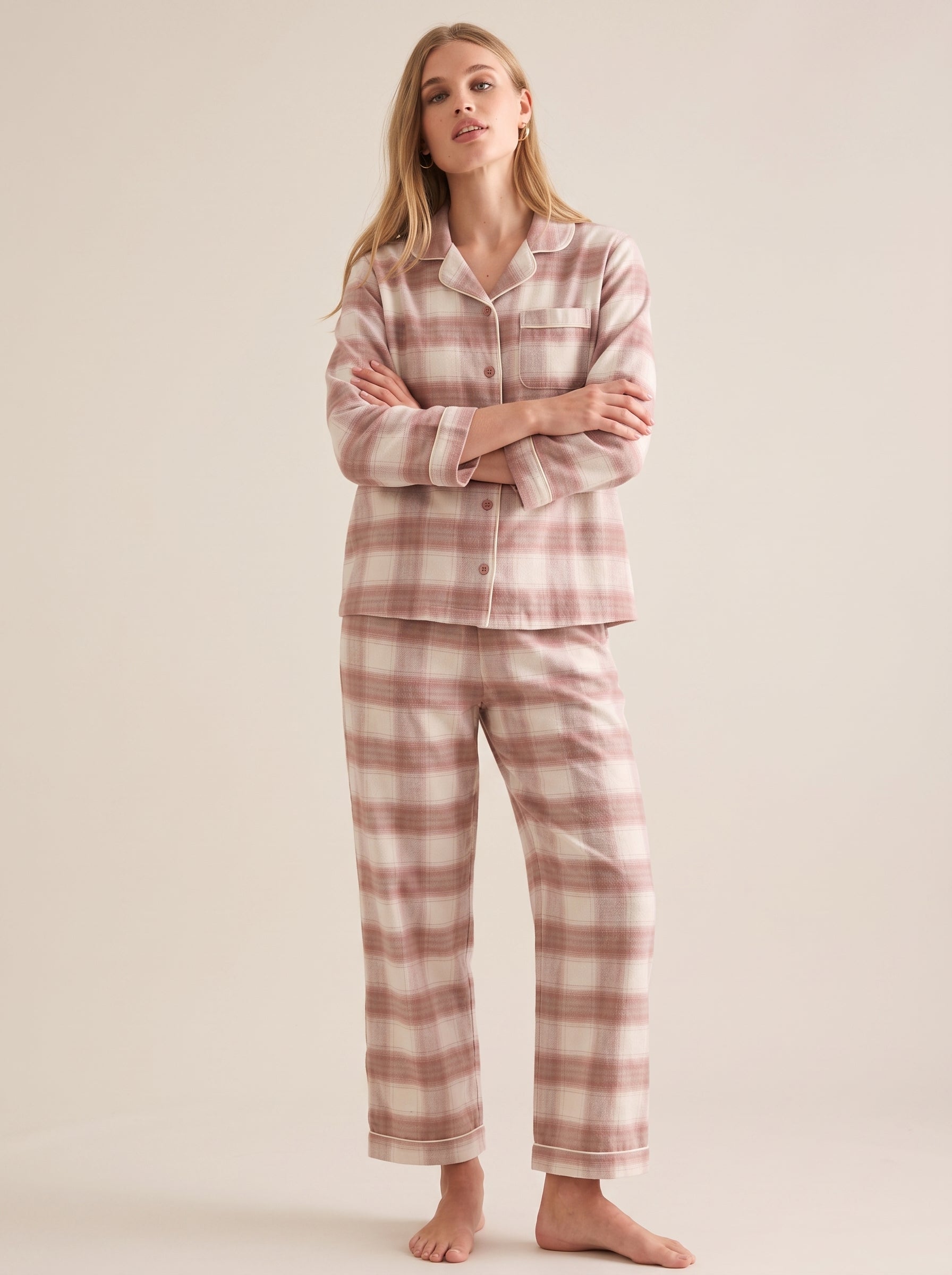 Plaid Cotton Flannel Pajama Set #color_Rose Plaid
