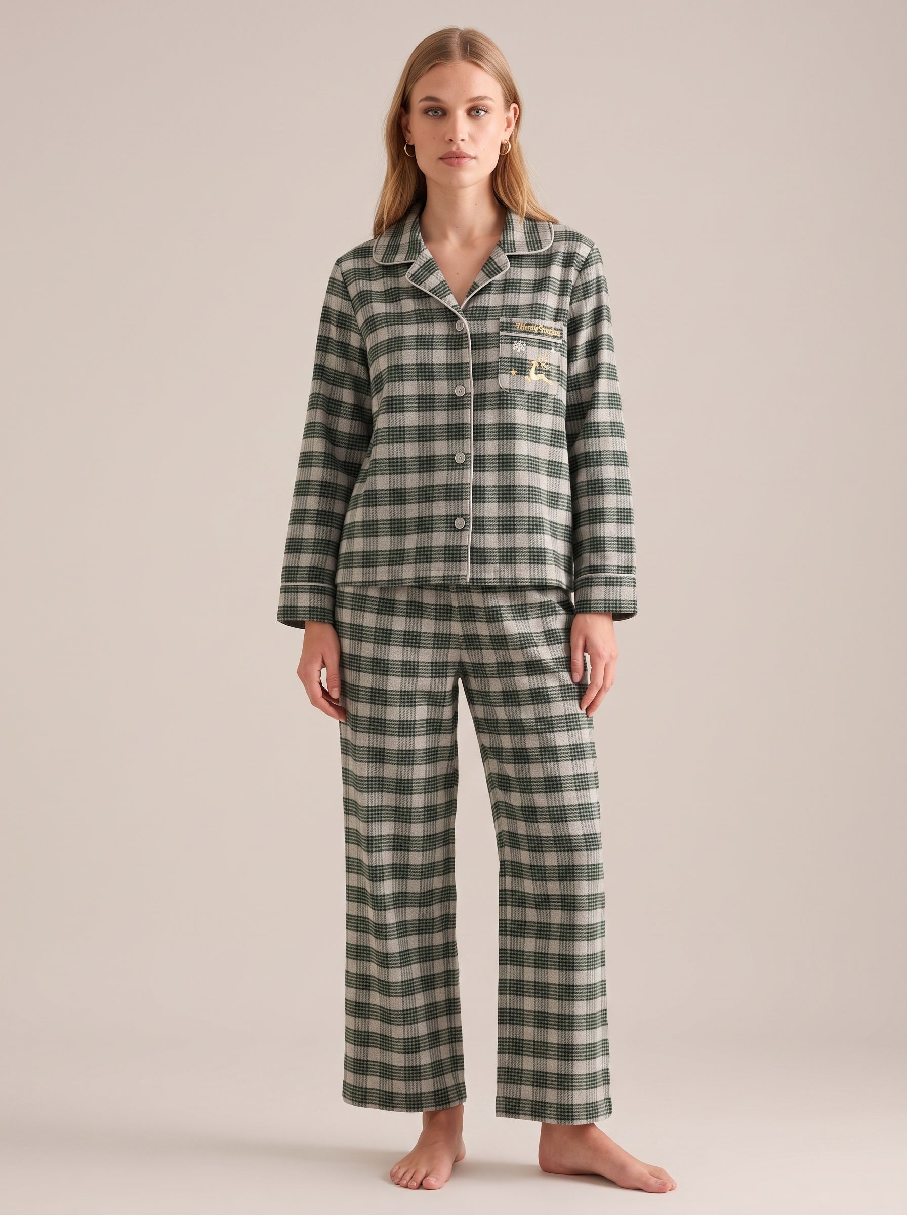 Holiday Plaid Cotton Flannel Pajama Set #color_Forest Holiday Plaid