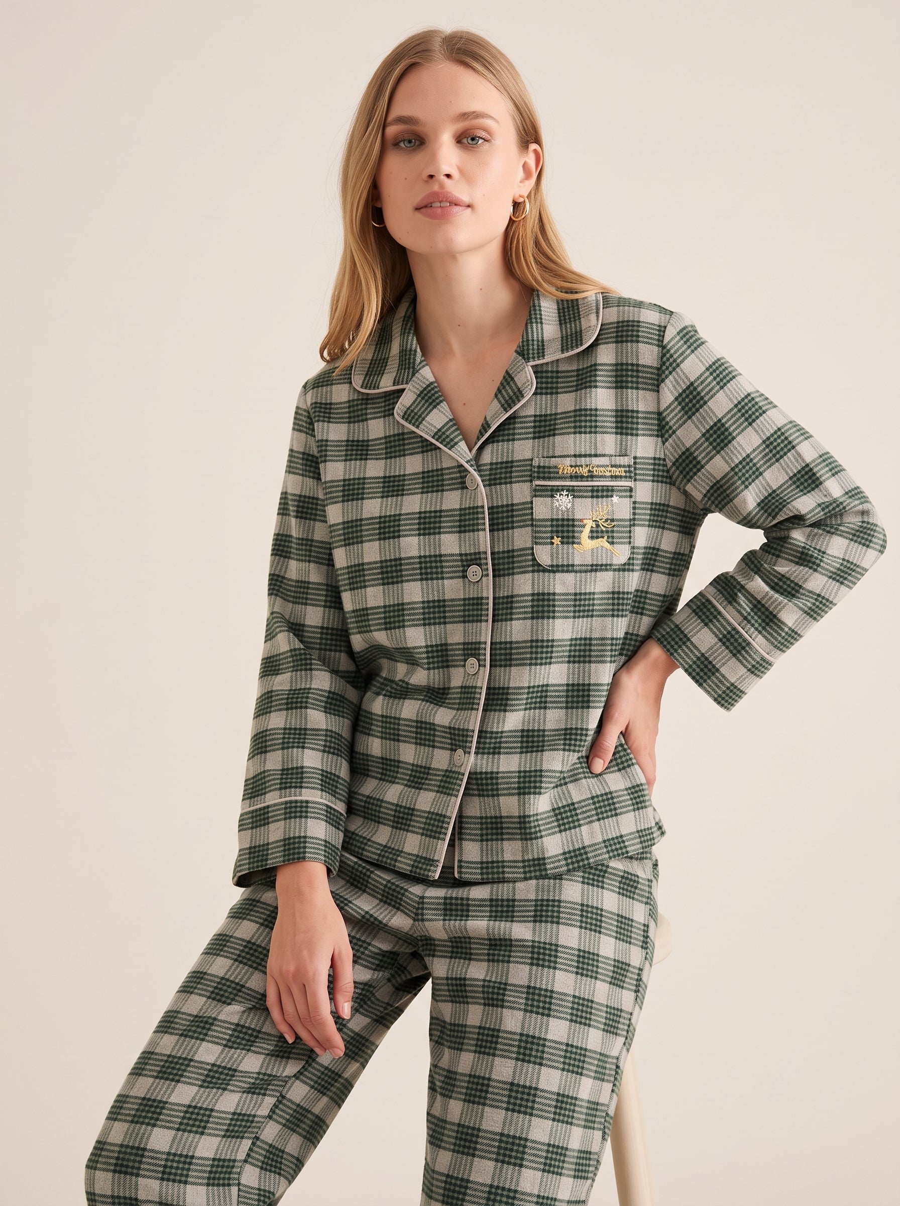 Holiday Plaid Cotton Flannel Pajama Set #color_Forest Holiday Plaid