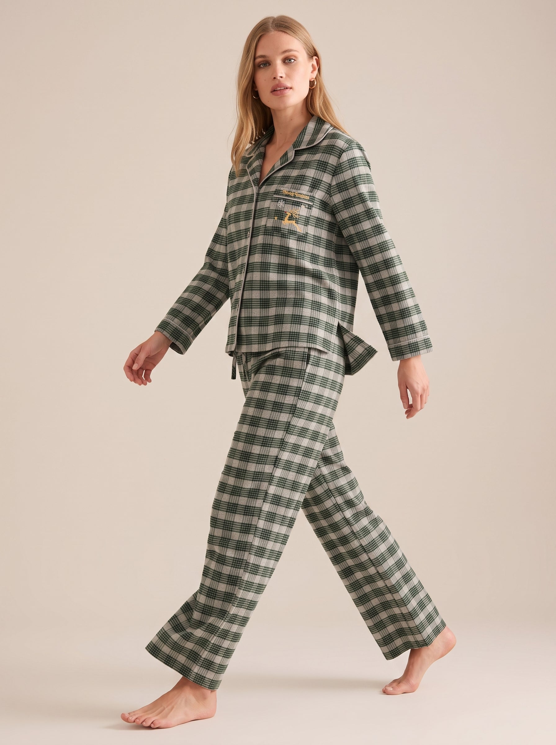Holiday Plaid Cotton Flannel Pajama Set #color_Forest Holiday Plaid